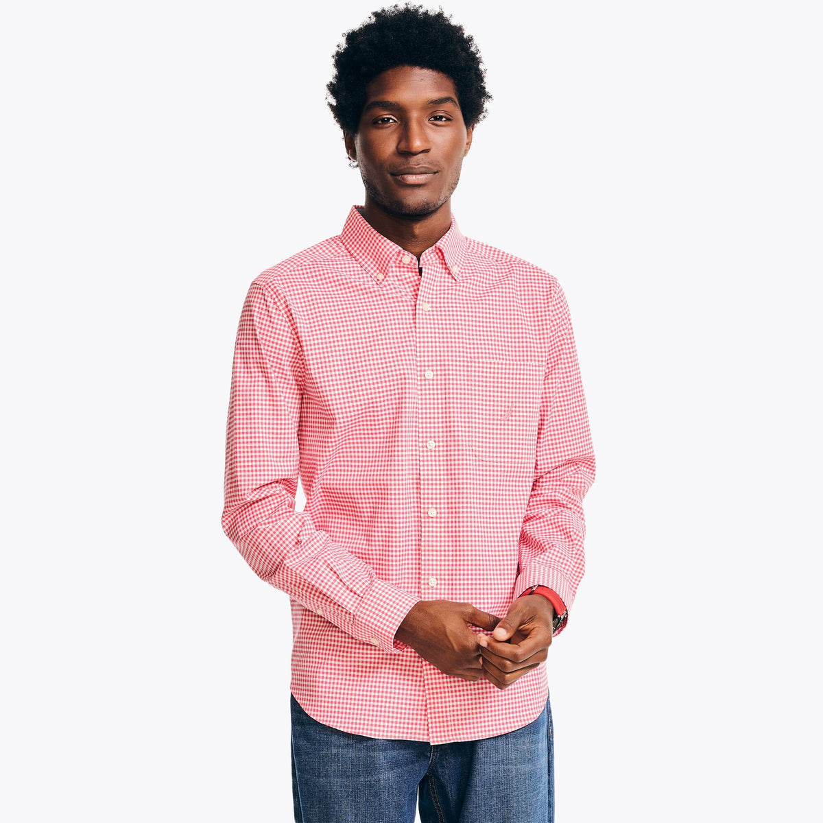 Nautica Men's Sustainably Crafted Gingham Plaid Shirt Melonberry