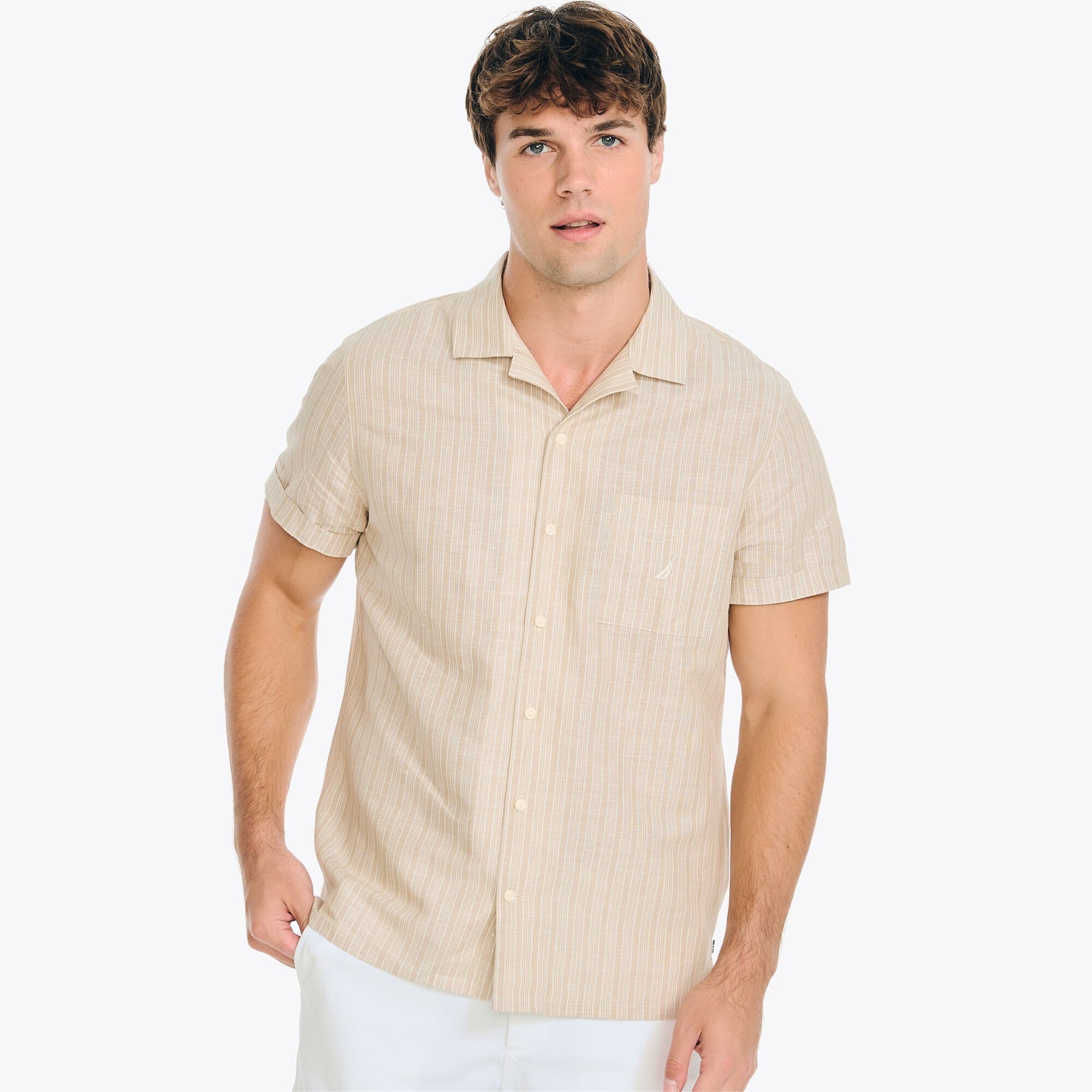 Nautica Men's Striped Linen Short-Sleeve Shirt Dark Brown