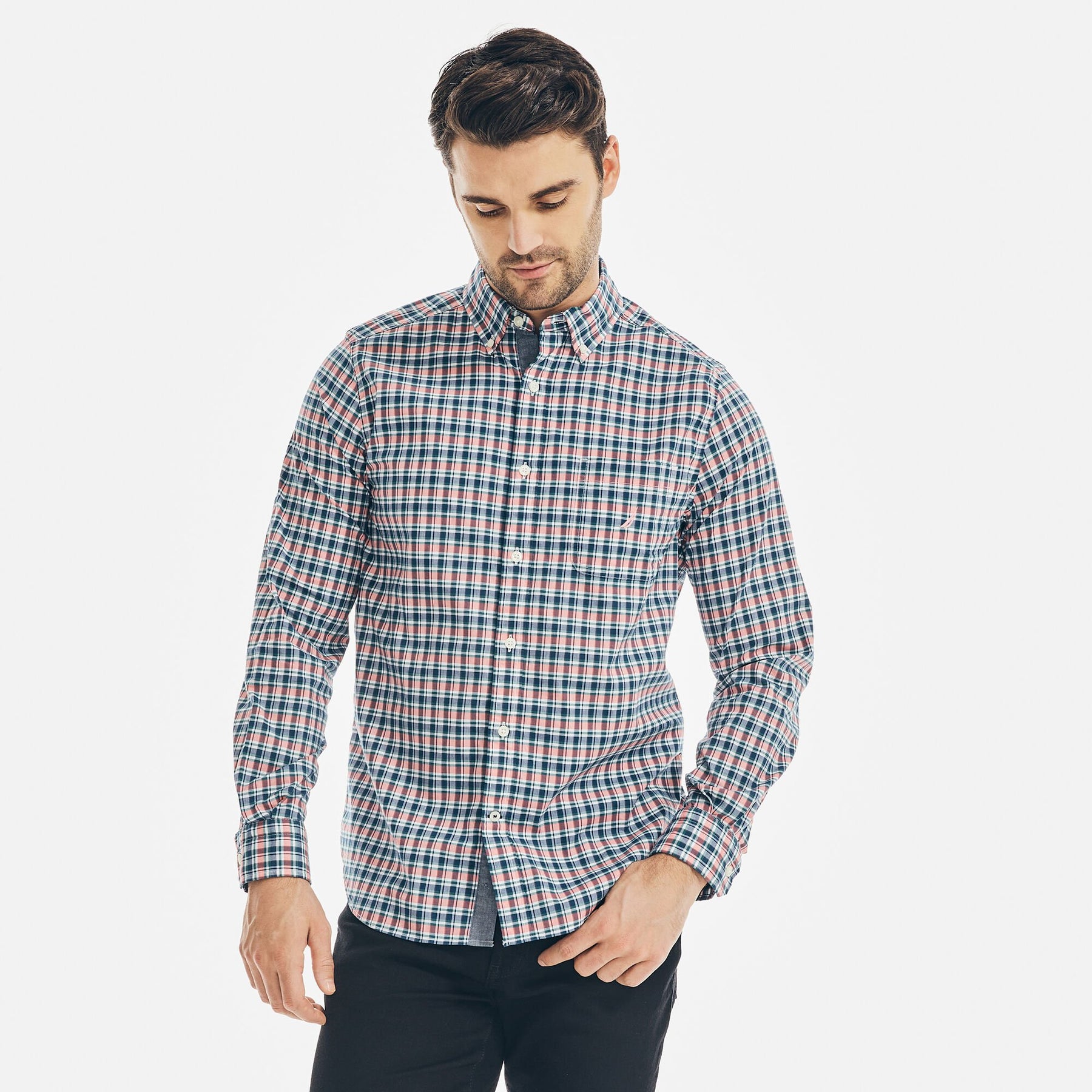 Nautica Men's Classic Fit Plaid Shirt Spiced Coral