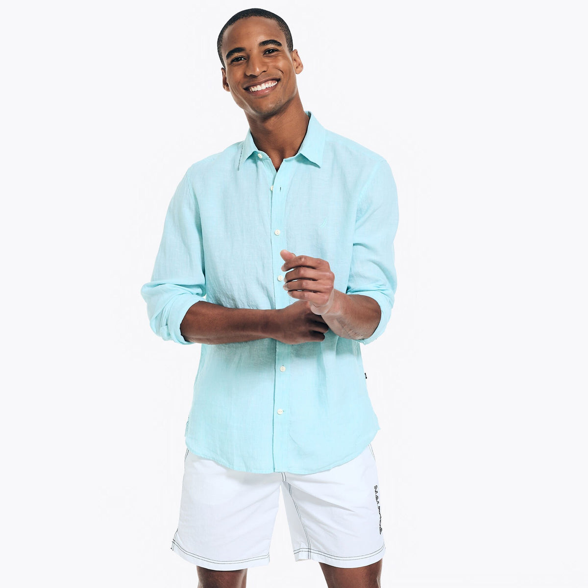 Nautica Men's Sustainably Crafted Linen Shirt Angel Blue