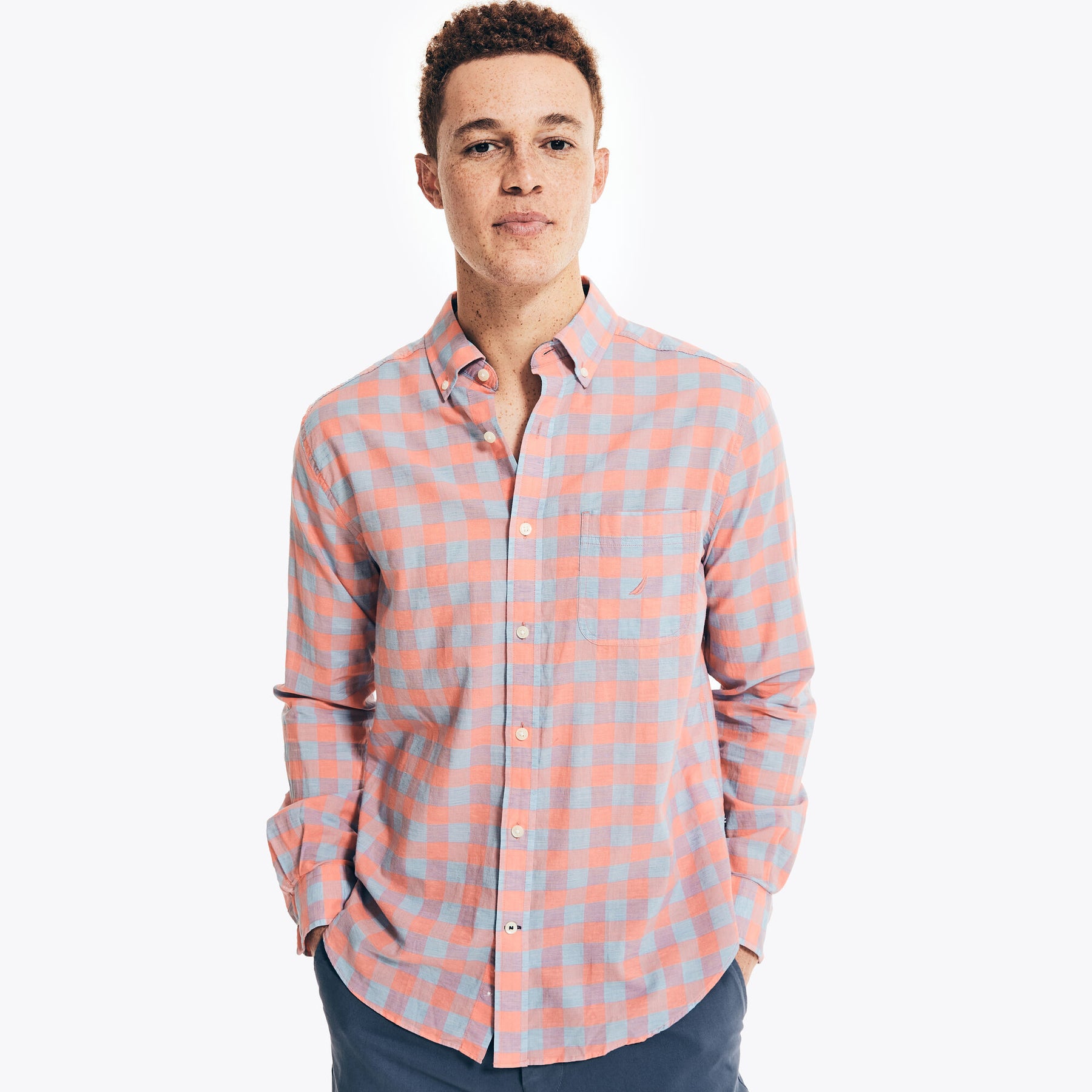 Nautica Men's Gingham Plaid Linen Shirt Pale Coral