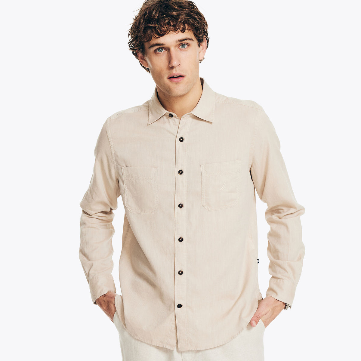 Nautica Men's Sustainably Crafted Solid Shirt Military Tan