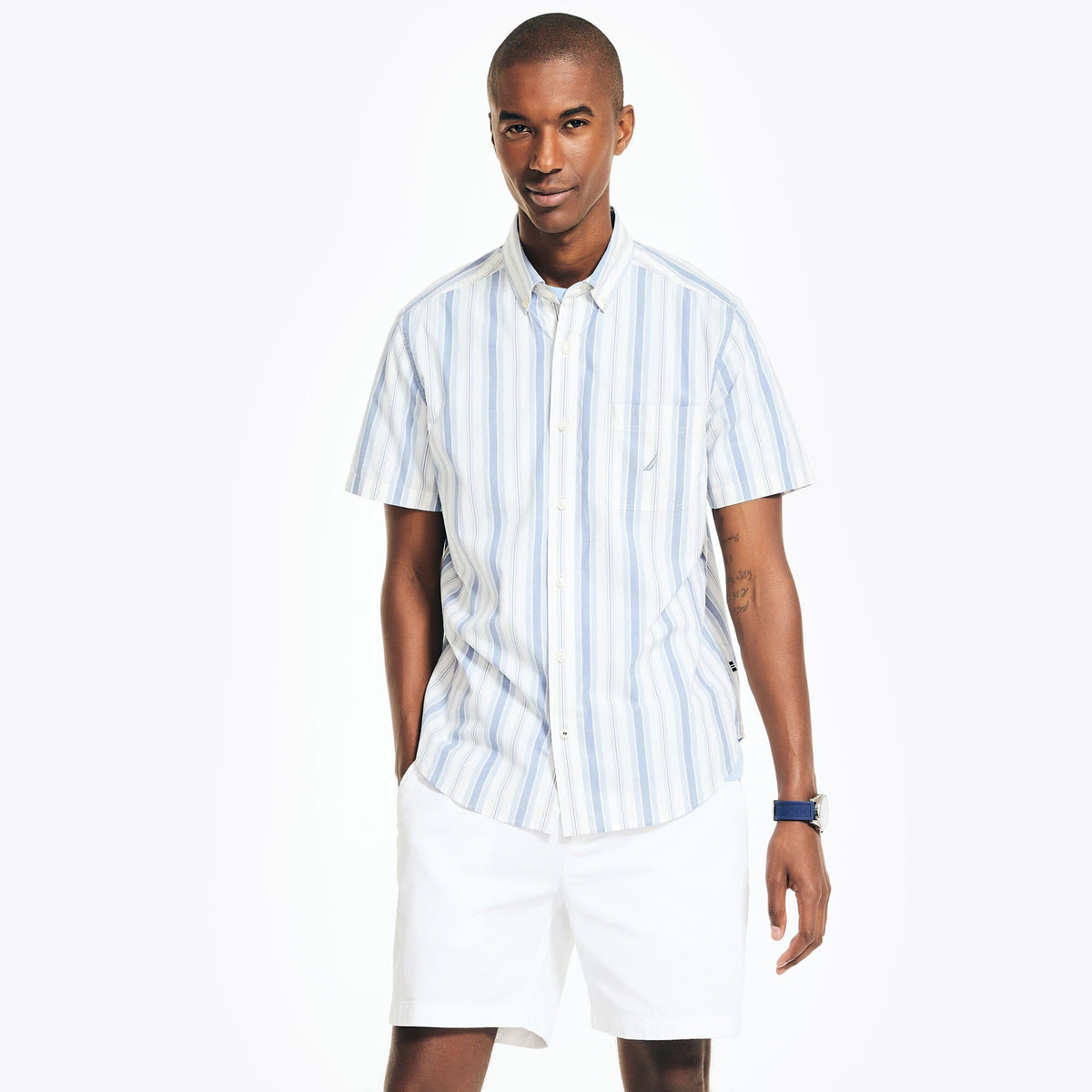 Nautica Men's Sustainably Crafted Striped Short-Sleeve Shirt Sail White