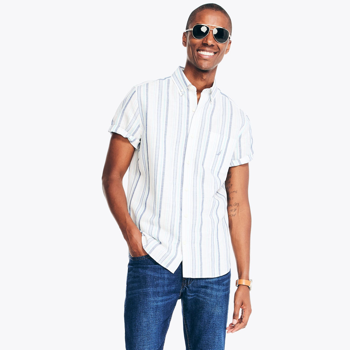 Nautica Men's Sustainably Crafted Striped Linen Short-Sleeve Shirt Sail White