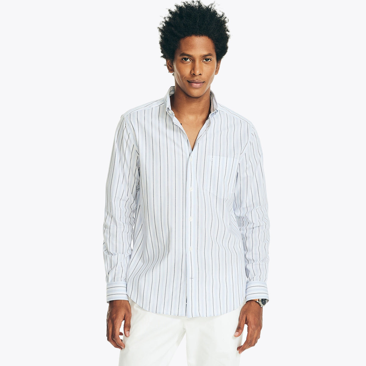 Nautica Men's Wrinkle-Resistant Striped Wear To Work Shirt Light Tide Water Wash