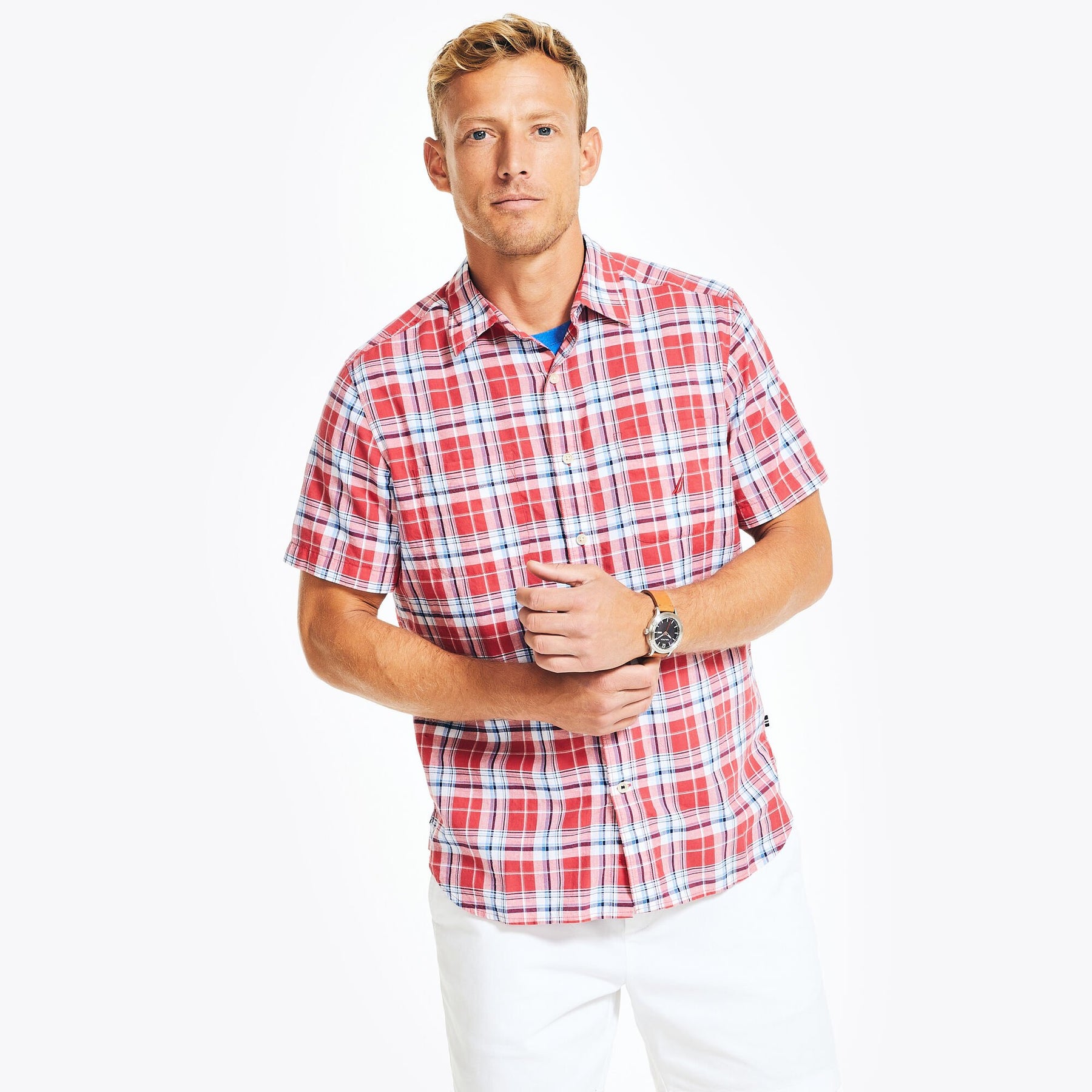 Nautica Madras Plaid Short-Sleeve Shirt Sailor Red