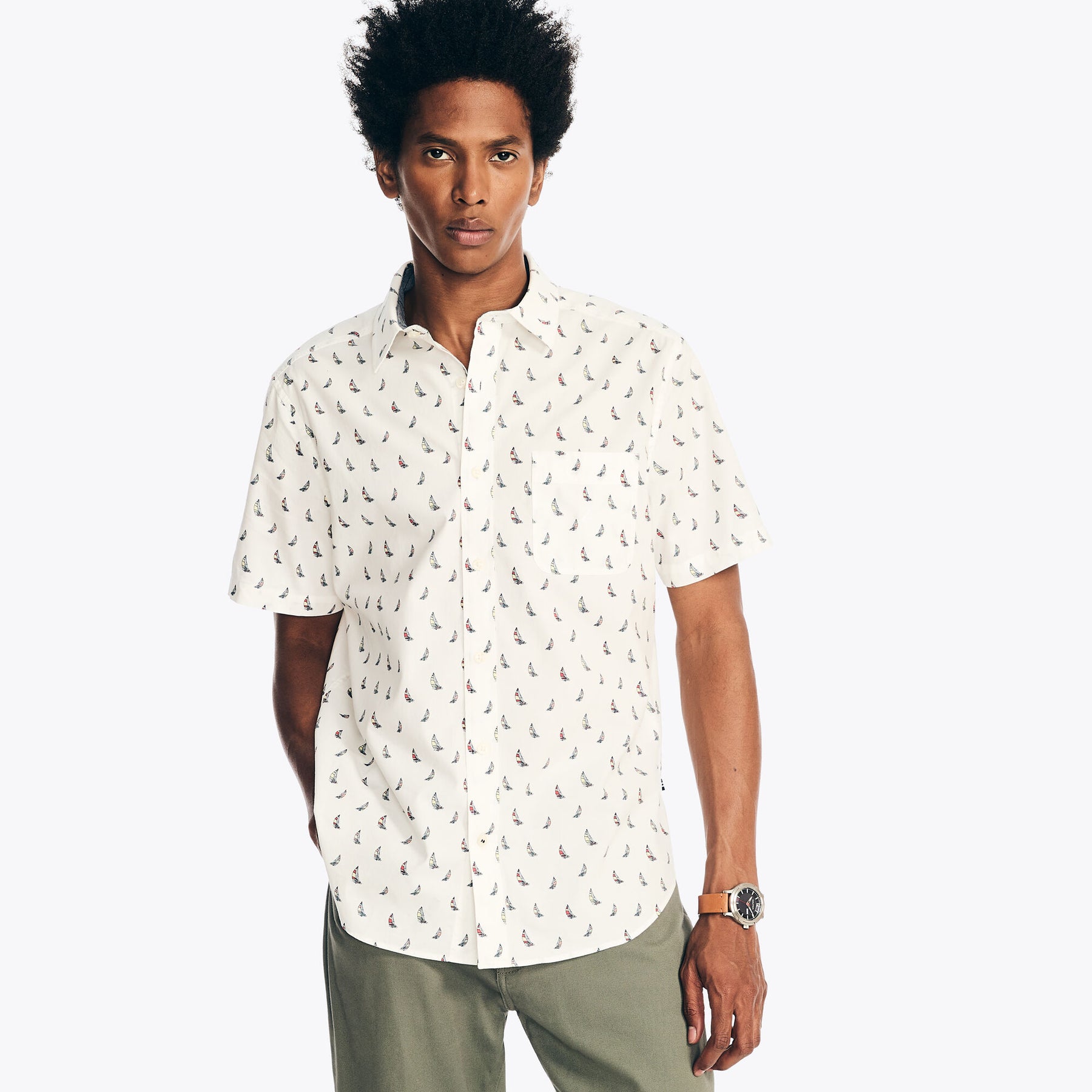 Nautica Men's Printed Poplin Short-Sleeve Shirt Marshmallow