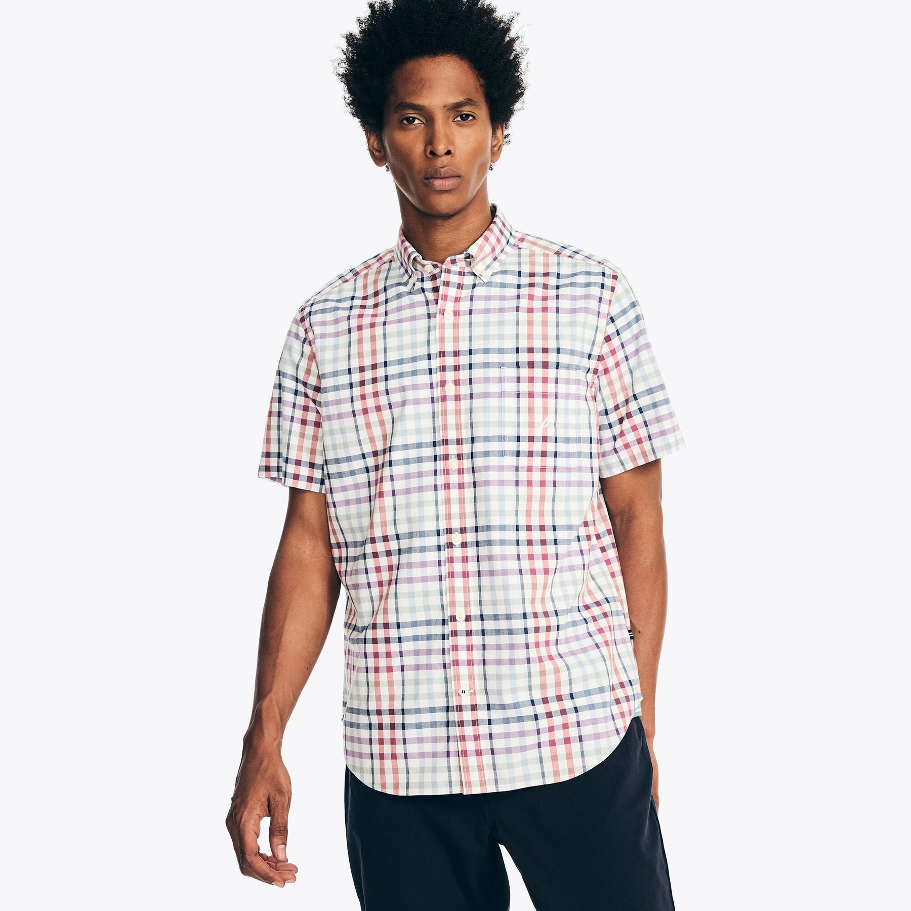 Nautica Men's Plaid Poplin Short-Sleeve Shirt Bright White