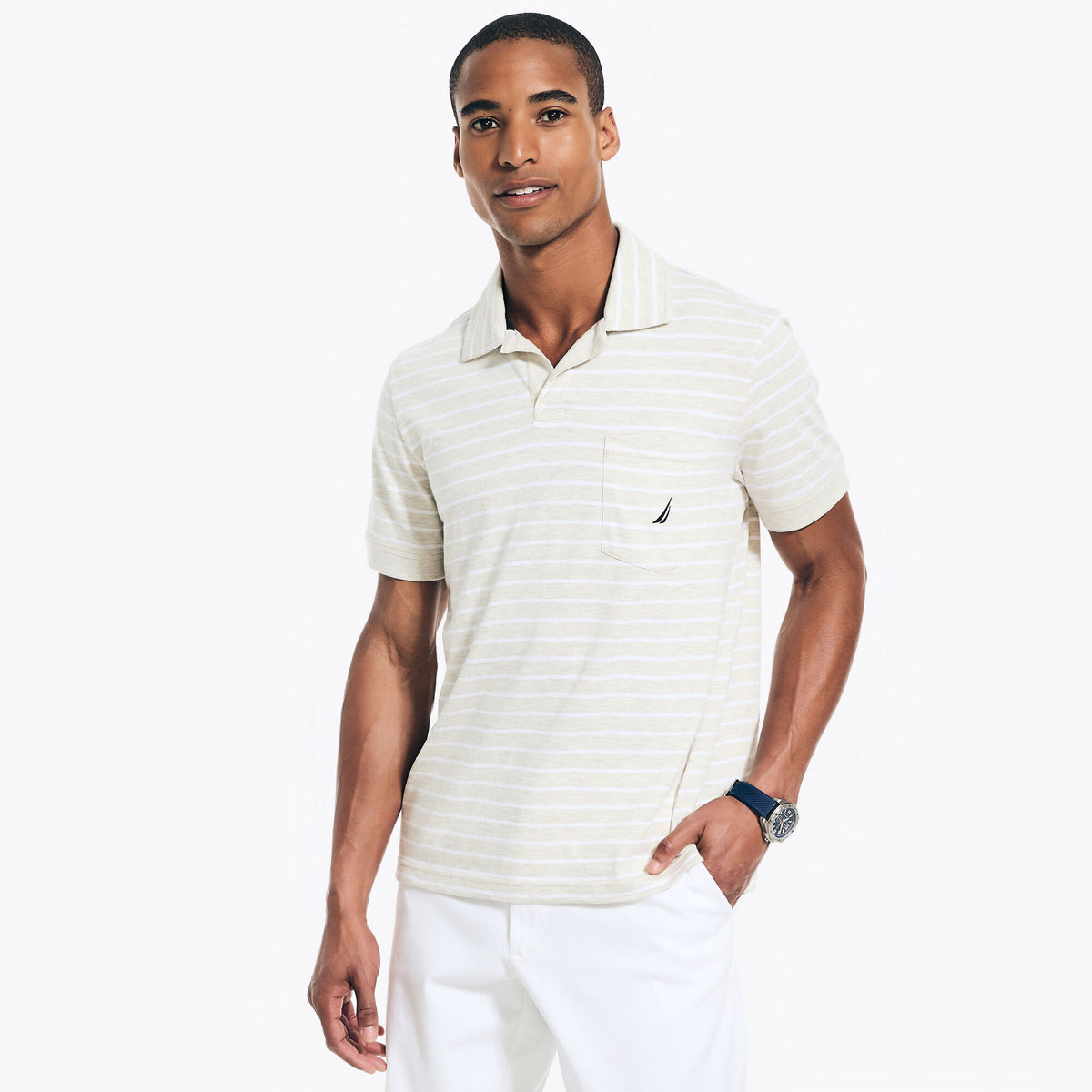 Nautica Men's Big & Tall Sustainably Crafted Classic Fit Striped Polo Oatmeal Heather