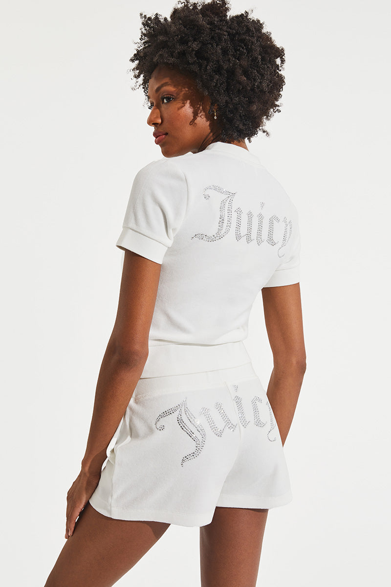 Juicy Couture Short Sleeve Big Bling Cotton Velour Zip-Up Bleached White