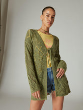 Lucky Brand Crochet Tie Front 3/4 Sleeve Cardigan - Women's Clothing Tops Sweaters Four Leaf Clover Acid Wash