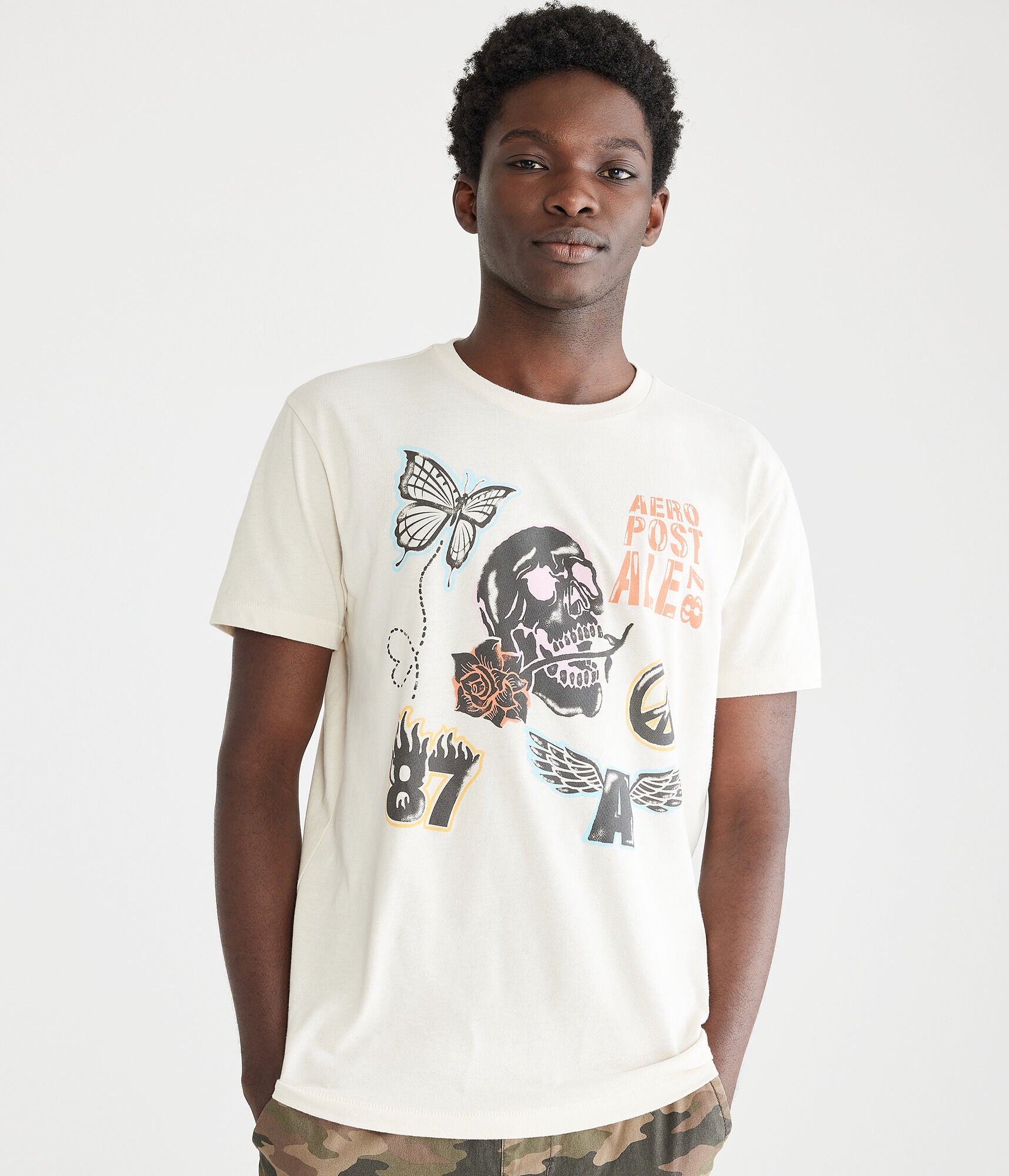 Aeropostale Mens' Aeropostale Skull Bites Rose Graphic Tee - Light Brown - Size L - Cotton - Teen Fashion & Clothing Berry Brown