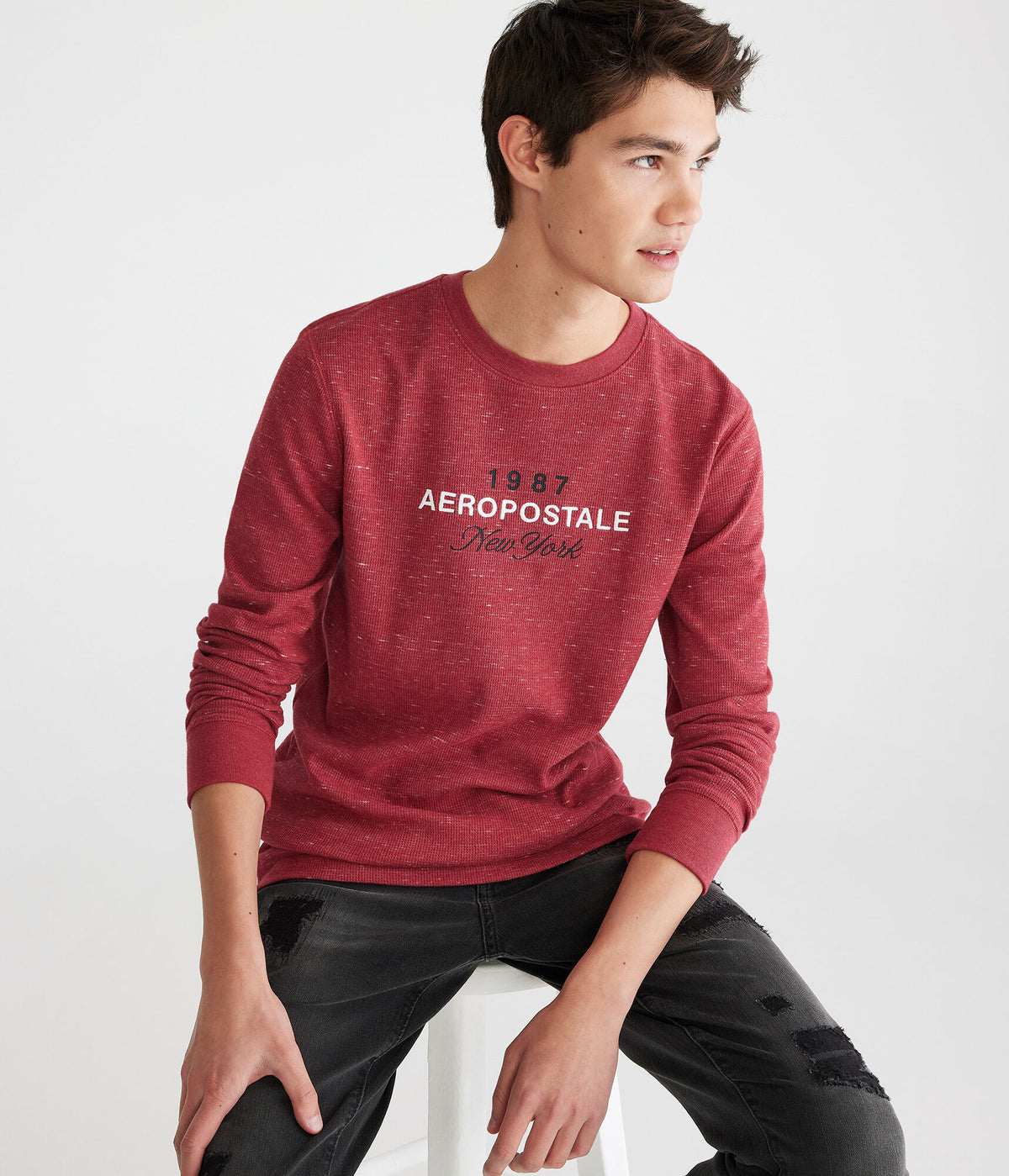 Aeropostale Mens' Long Sleeve Aeropostale Script Graphic Thermal Tee - Red - Size XS - Cotton - Teen Fashion & Clothing Cerise Red