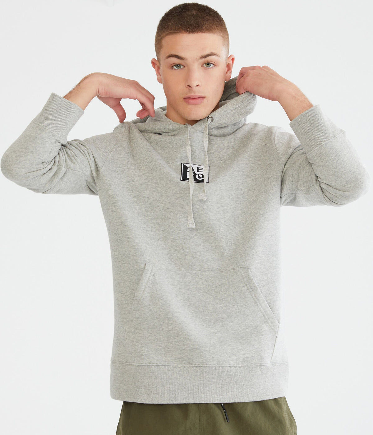 Aeropostale Mens' Stacked Split Box Logo Pullover Hoodie - Grey - Size L - Cotton - Teen Fashion & Clothing Light Heather Grey