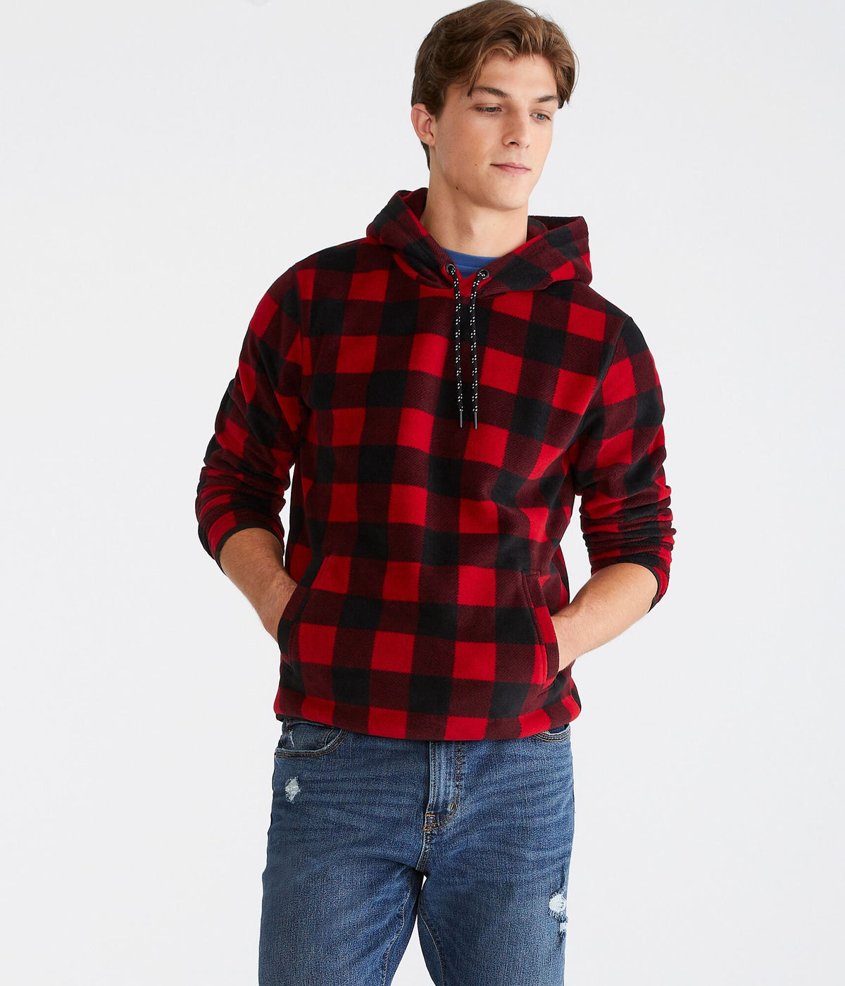 Aeropostale Mens' Alpine Buffalo Plaid Pullover Hoodie - Red - Size XS - Polyester - Teen Fashion & Clothing Spirit Red