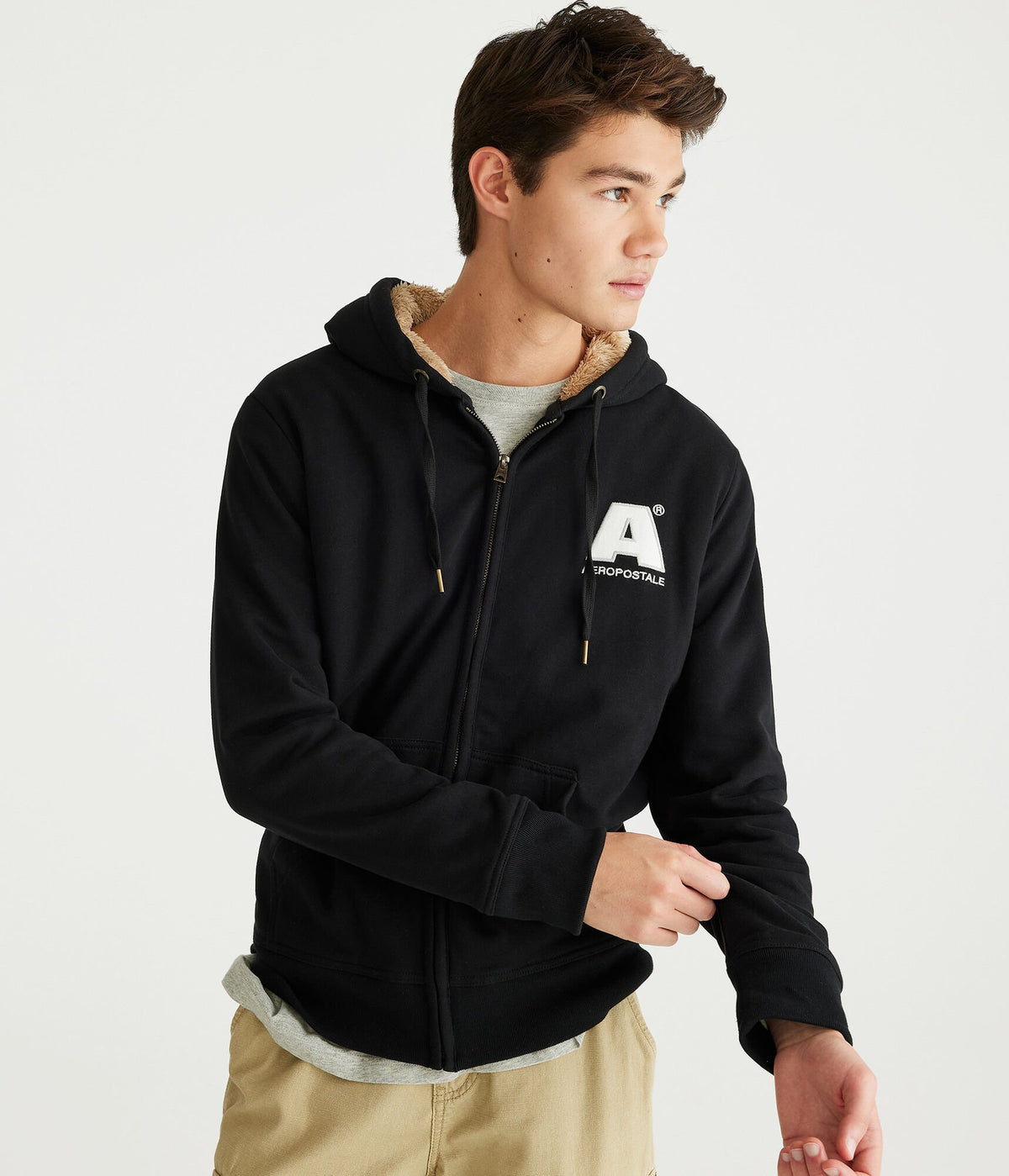 Aeropostale Mens' Aeropostale Logo Sherpa-Lined Full-Zip Hoodie -  - Size M - Cotton - Teen Fashion & Clothing Black