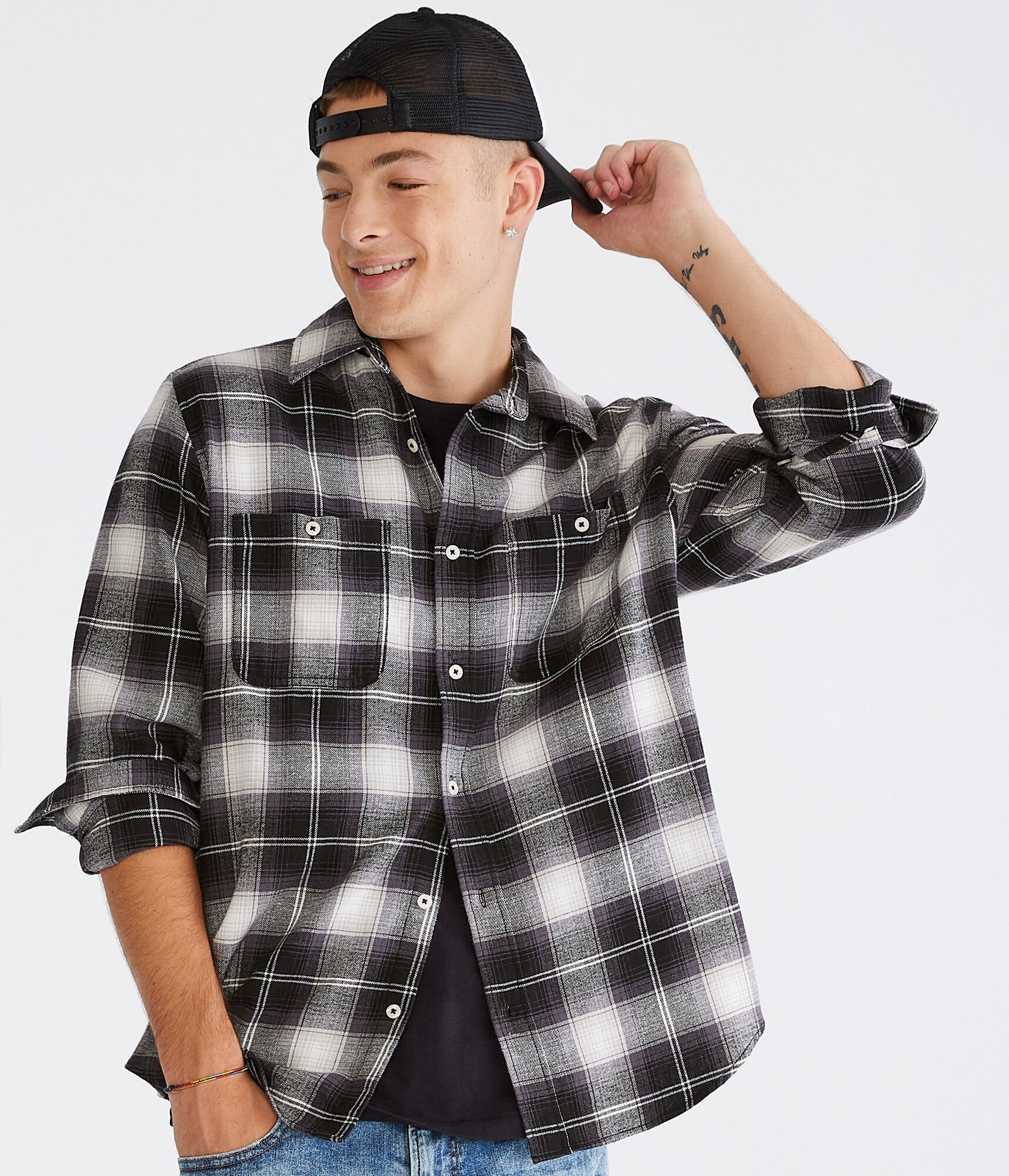 Aeropostale Mens' Long Sleeve Relaxed Washed Plaid Flannel Shirt -  - Size M - Cotton - Teen Fashion & Clothing Black