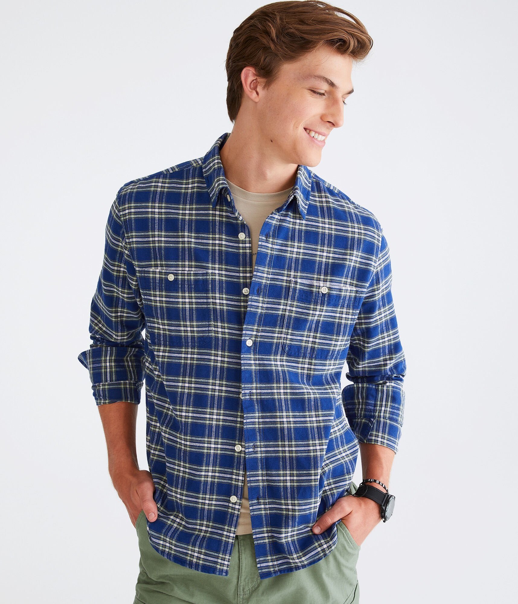 Aeropostale Mens' Long Sleeve Relaxed Plaid Oxford Shirt - Blue - Size XXL - Cotton - Teen Fashion & Clothing Seaside Blue