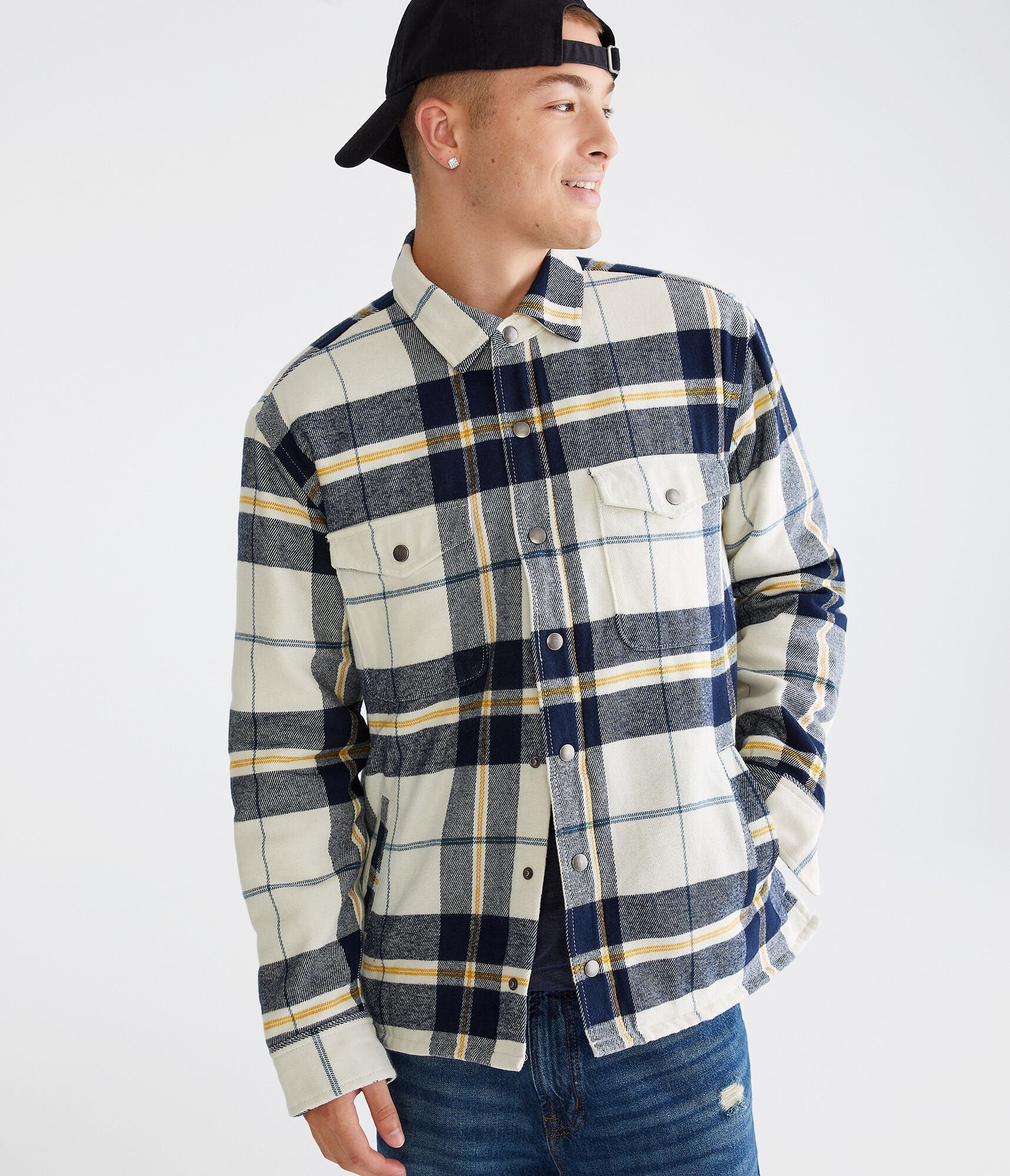 Aeropostale Mens' Plaid Flannel Shacket - White - Size L - Cotton - Teen Fashion & Clothing Deep Ivory