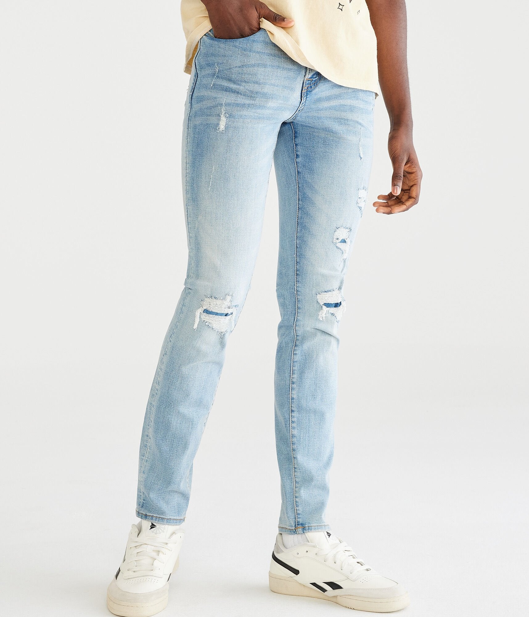 Aeropostale Mens' Super Skinny Premium Max Stretch Jean with COOLMAX Technology - Blue - Size 38X34 - Cotton - Teen Fashion & Clothing Light Wash