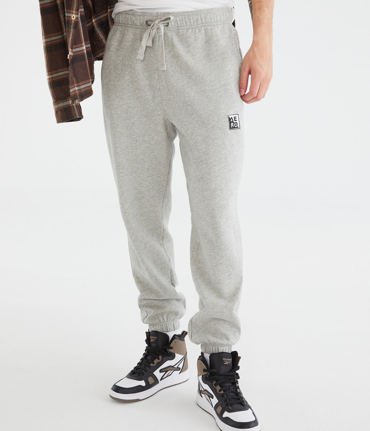 Aeropostale Mens' Stacked Split Box Logo Jogger Sweatpants - Grey - Size S - Cotton - Teen Fashion & Clothing Light Heather Grey