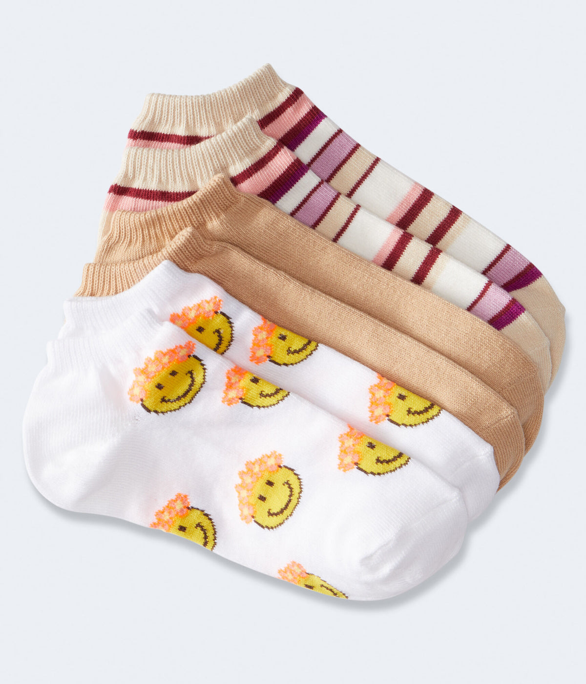 Aeropostale Womens' Flower Crown Smiley Face Ankle Sock 3-Pack - White - Size One Size - Cotton - Teen Fashion & Clothing Bleach