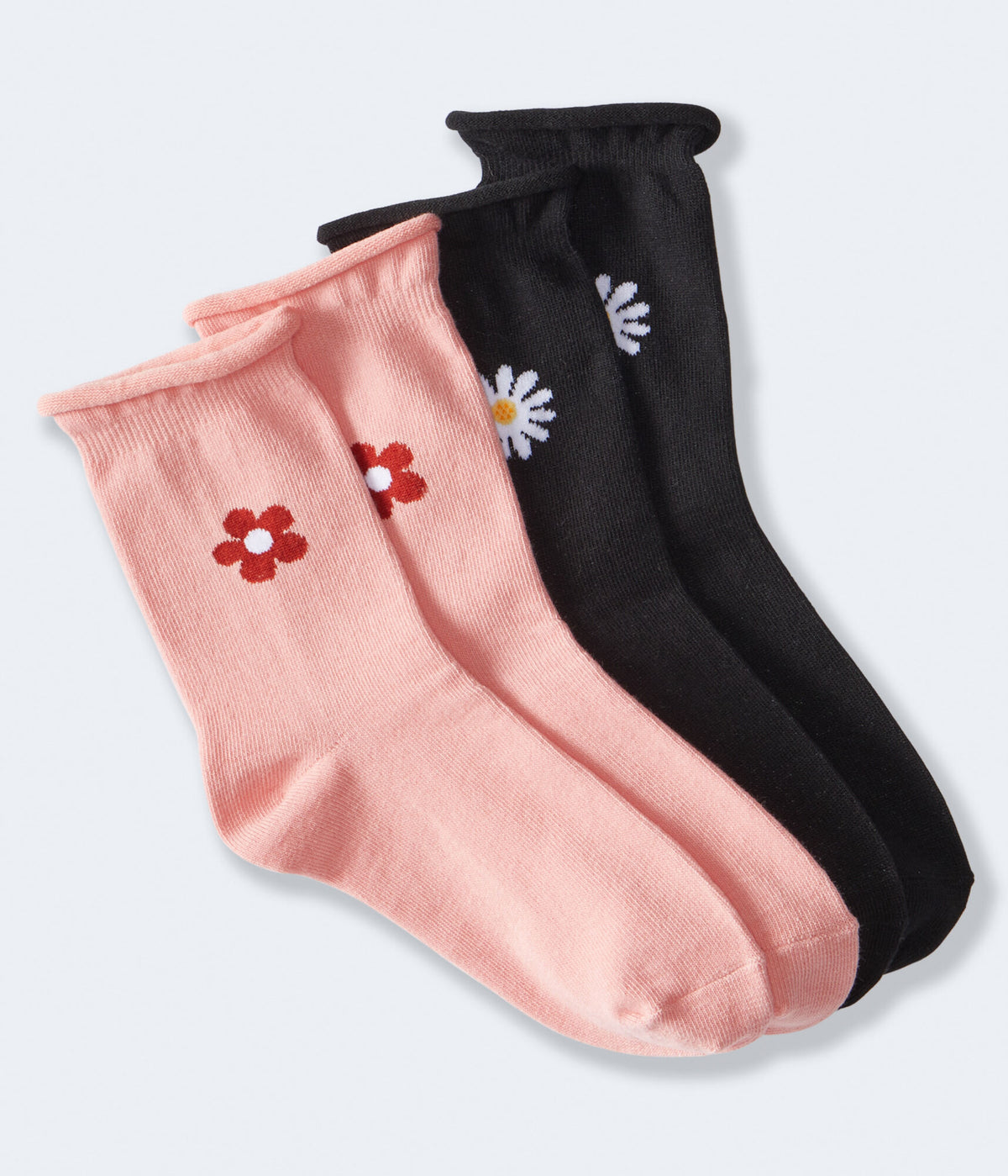 Aeropostale Womens' Flower Rolled-Edge Crew Sock 2-Pack -  - Size One Size - Cotton - Teen Fashion & Clothing Black