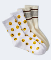 Aeropostale Womens' Smileys & Stripes Crew Sock 2-Pack - White - Size One Size - Cotton - Teen Fashion & Clothing Bleach