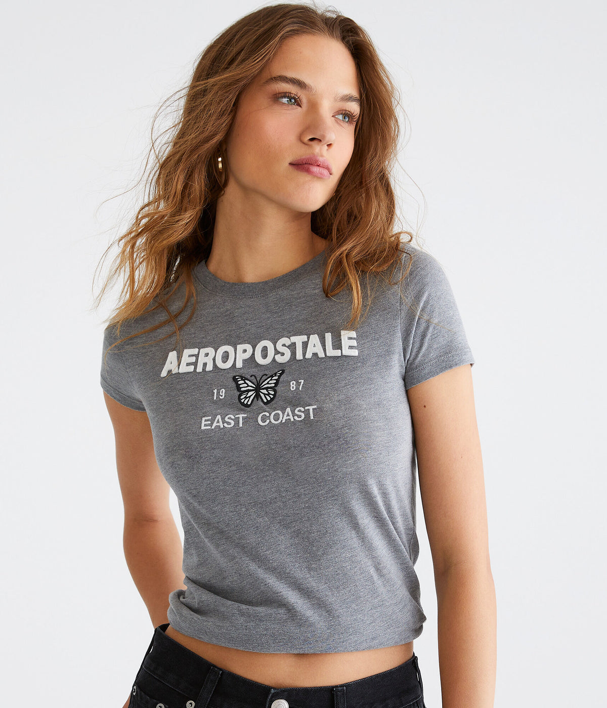 Aeropostale Womens' Aeropostale Butterfly Applique Graphic Tee - Grey - Size XL - Cotton - Teen Fashion & Clothing Med Hthr Grey