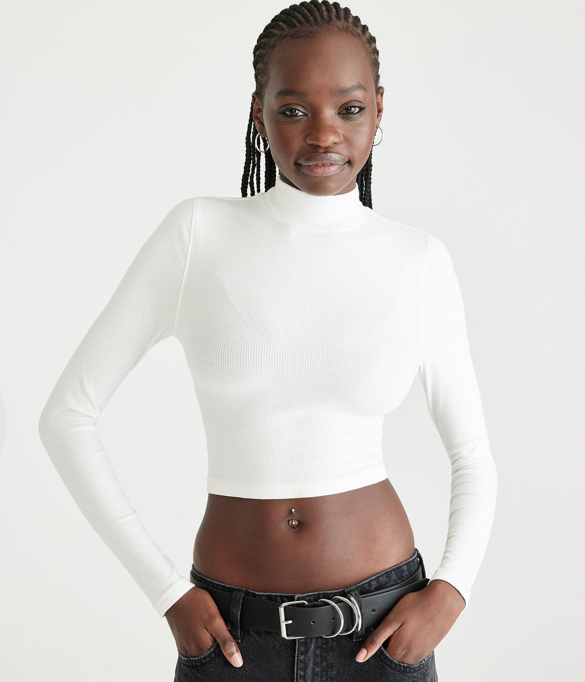 Aeropostale Womens' Long Sleeve Mock-Neck Cropped Top - White - Size XL - Spandex - Teen Fashion & Clothing Cream