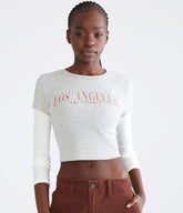 Aeropostale Womens' Long Sleeve Seriously Soft Los Angeles Cropped Graphic 2Fer Tee - Grey - Size XS - Cotton - Teen Fashion & Clothing Light Heather Grey