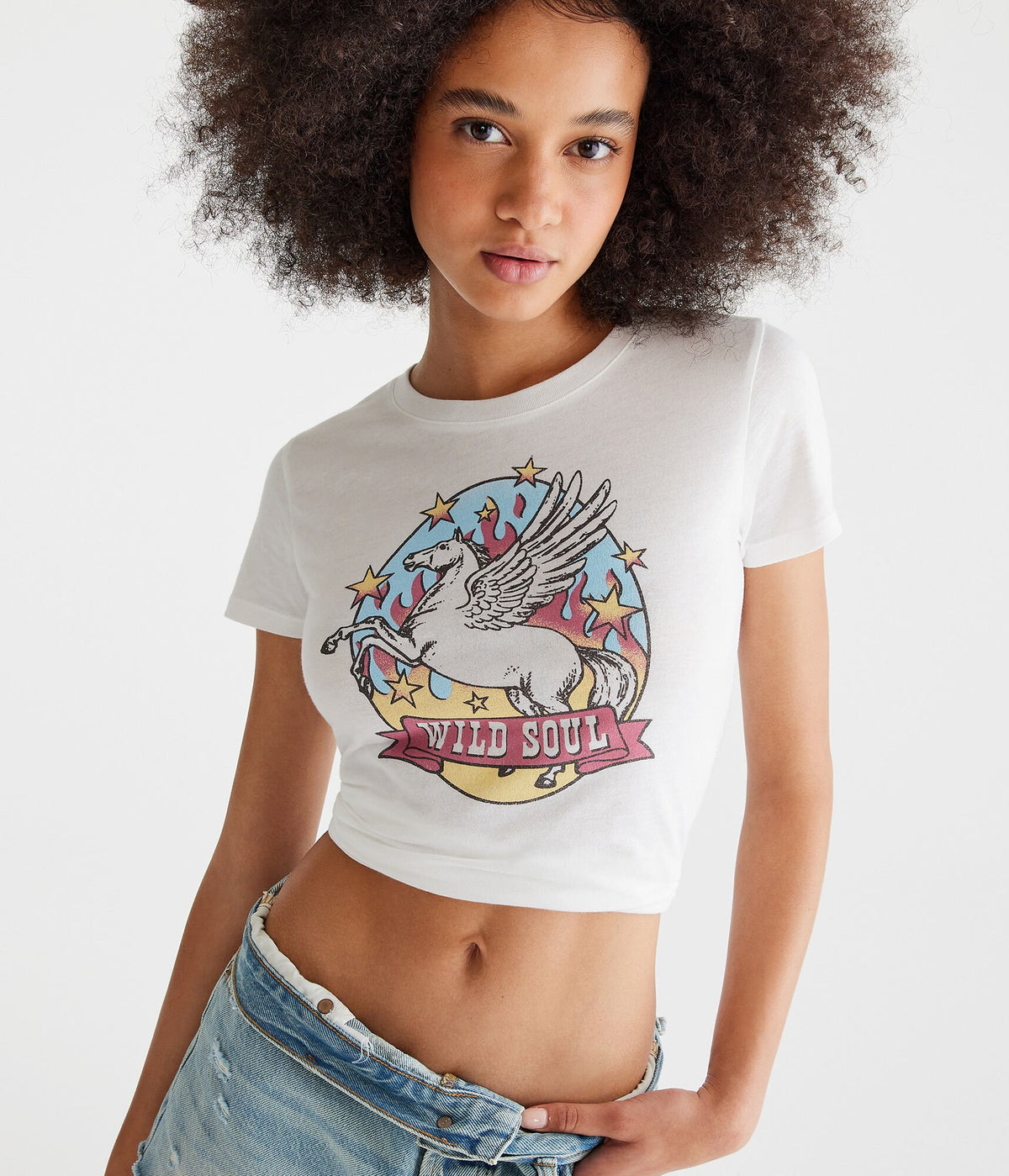 Aeropostale Womens' Wild Soul Pegasus Graphic Tee - White - Size M - Cotton - Teen Fashion & Clothing Bleach