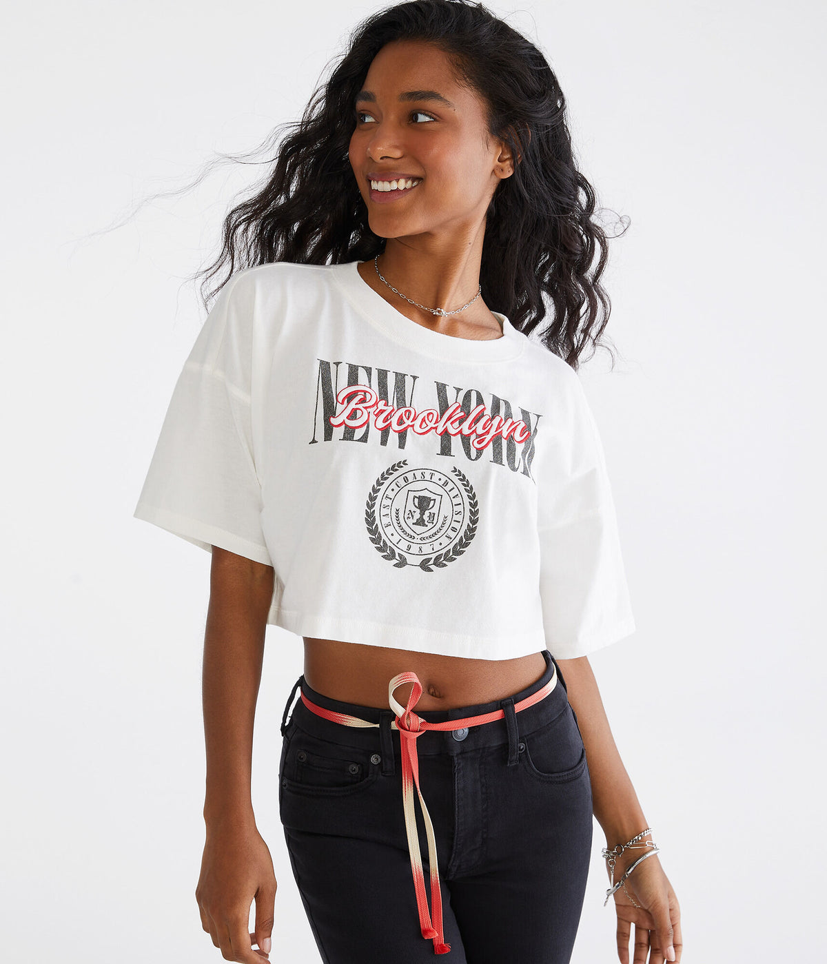 Aeropostale Womens' Brooklyn Crest Cropped Boyfriend Graphic Tee - White - Size XL - Cotton - Teen Fashion & Clothing Cream