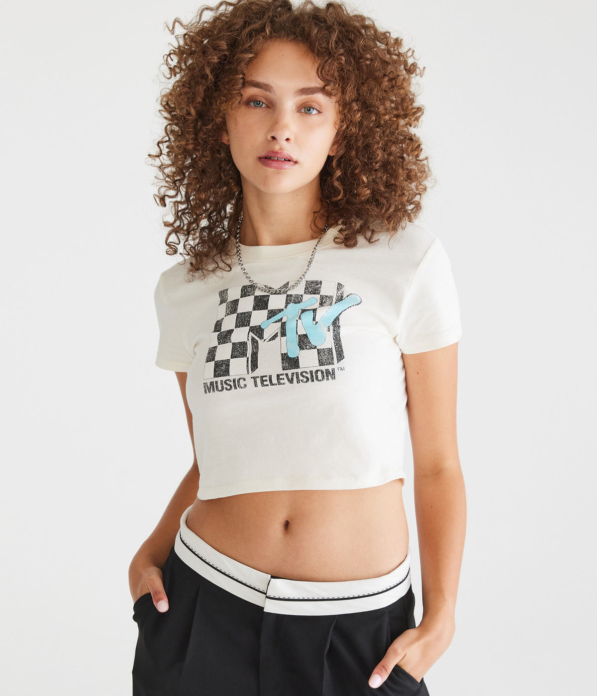 Aeropostale Womens' MTV Vintage Cropped Graphic Tee - White - Size XL - Cotton - Teen Fashion & Clothing Cream