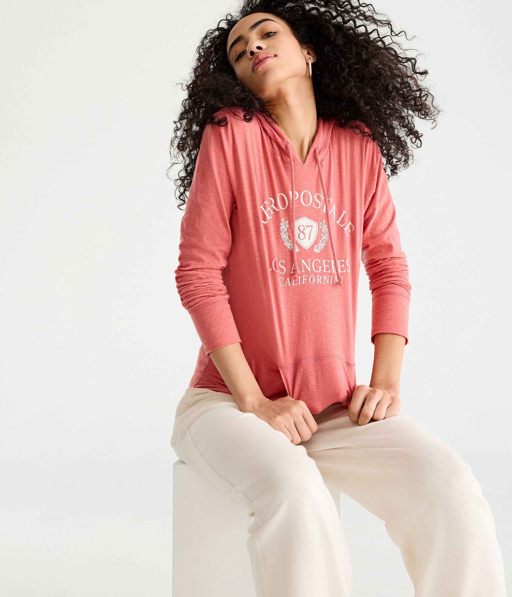 Aeropostale Womens' Long Sleeve Aeropostale Crest Hooded Graphic Tee - Light Red - Size S - Cotton - Teen Fashion & Clothing Red Hibiscus