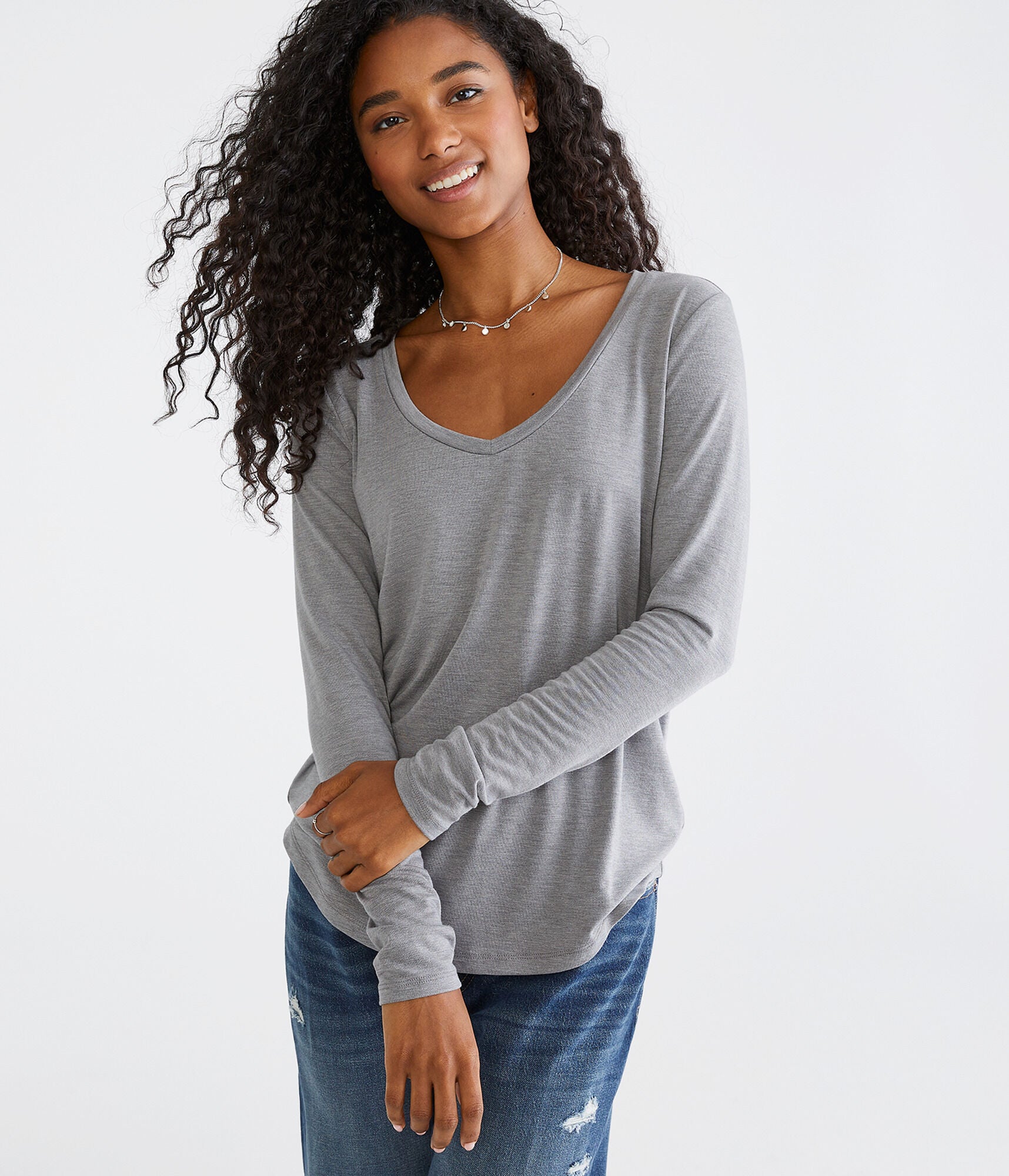 Aeropostale Womens' Long Sleeve Seriously Soft V-Neck Tee - Grey - Size XS - Spandex - Teen Fashion & Clothing Med Hthr Grey