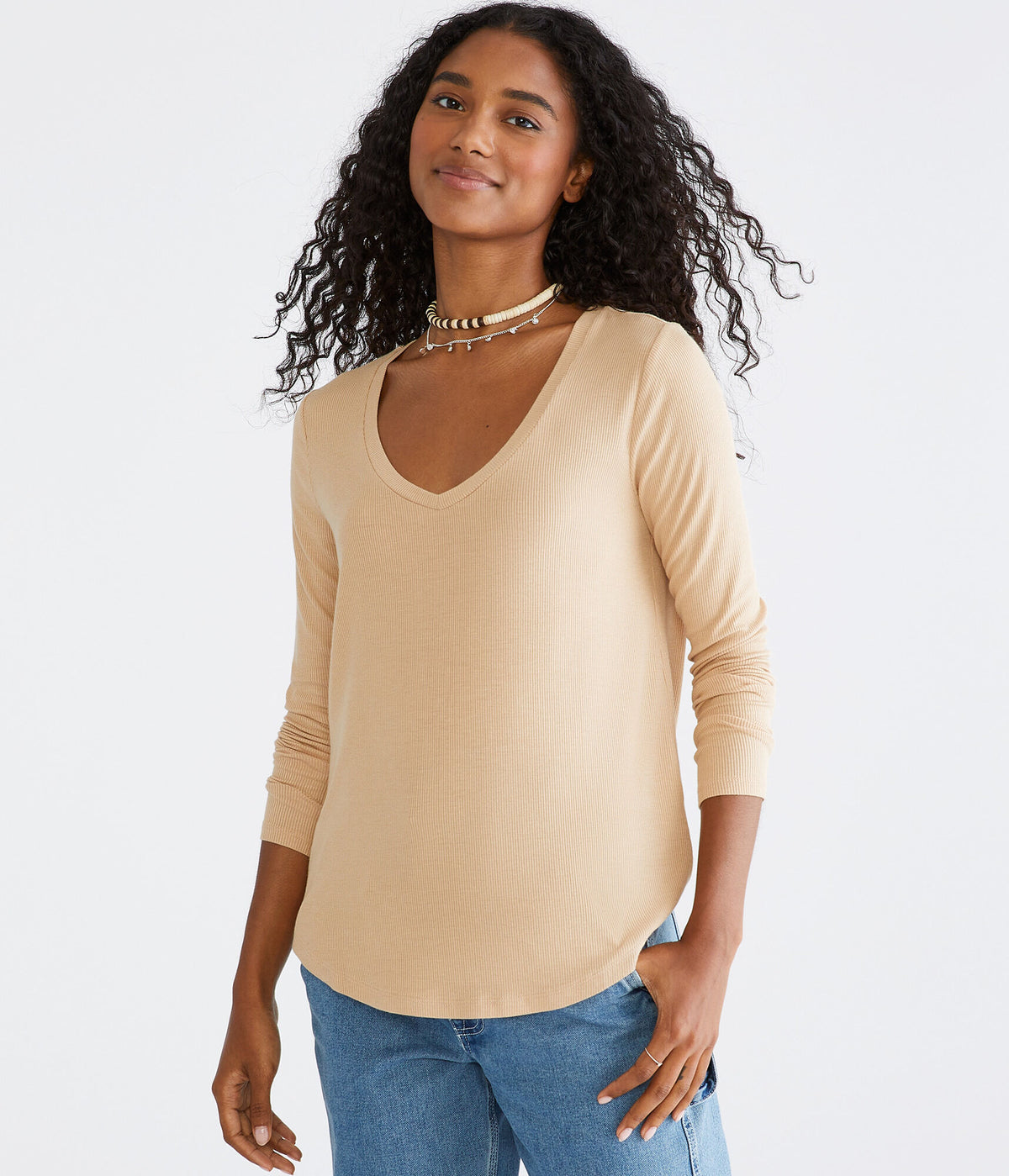 Aeropostale Womens' Long Sleeve Seriously Soft Ribbed V-Neck Tee - Beige - Size XL - Spandex - Teen Fashion & Clothing White Sands