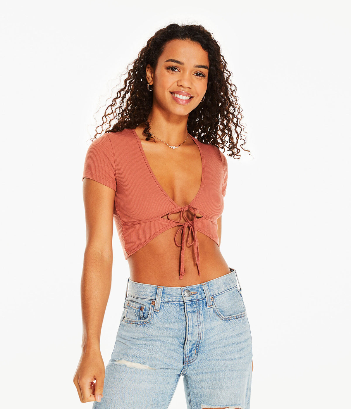 Aeropostale Womens' Double Tie-Front Crop Top - Brown - Size XXL - Cotton - Teen Fashion & Clothing Copper Brown