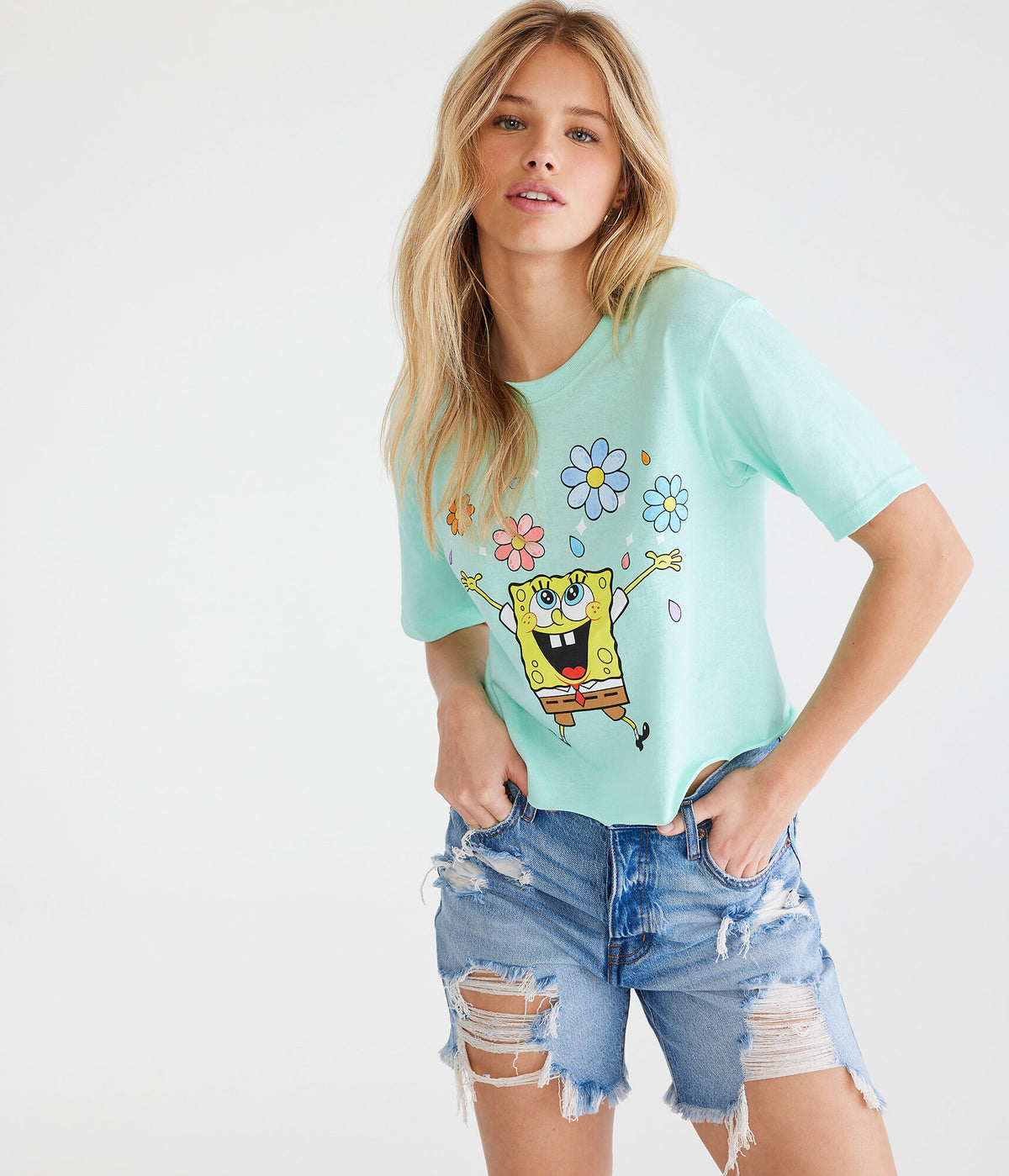 Aeropostale Womens' SpongeBob Flowers Graphic Tee - Green - Size L - Cotton - Teen Fashion & Clothing Jade Green