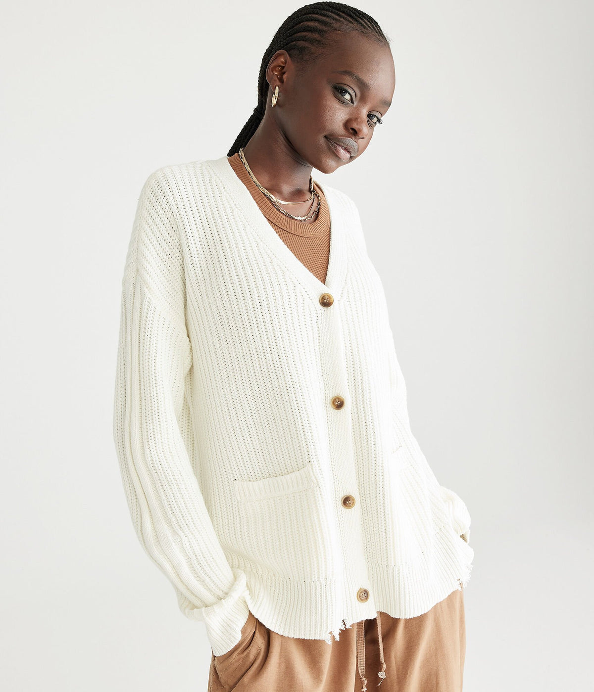 Aeropostale Womens' Distressed Rib-Knit Cardigan - White - Size L - Cotton - Teen Fashion & Clothing Deep Ivory