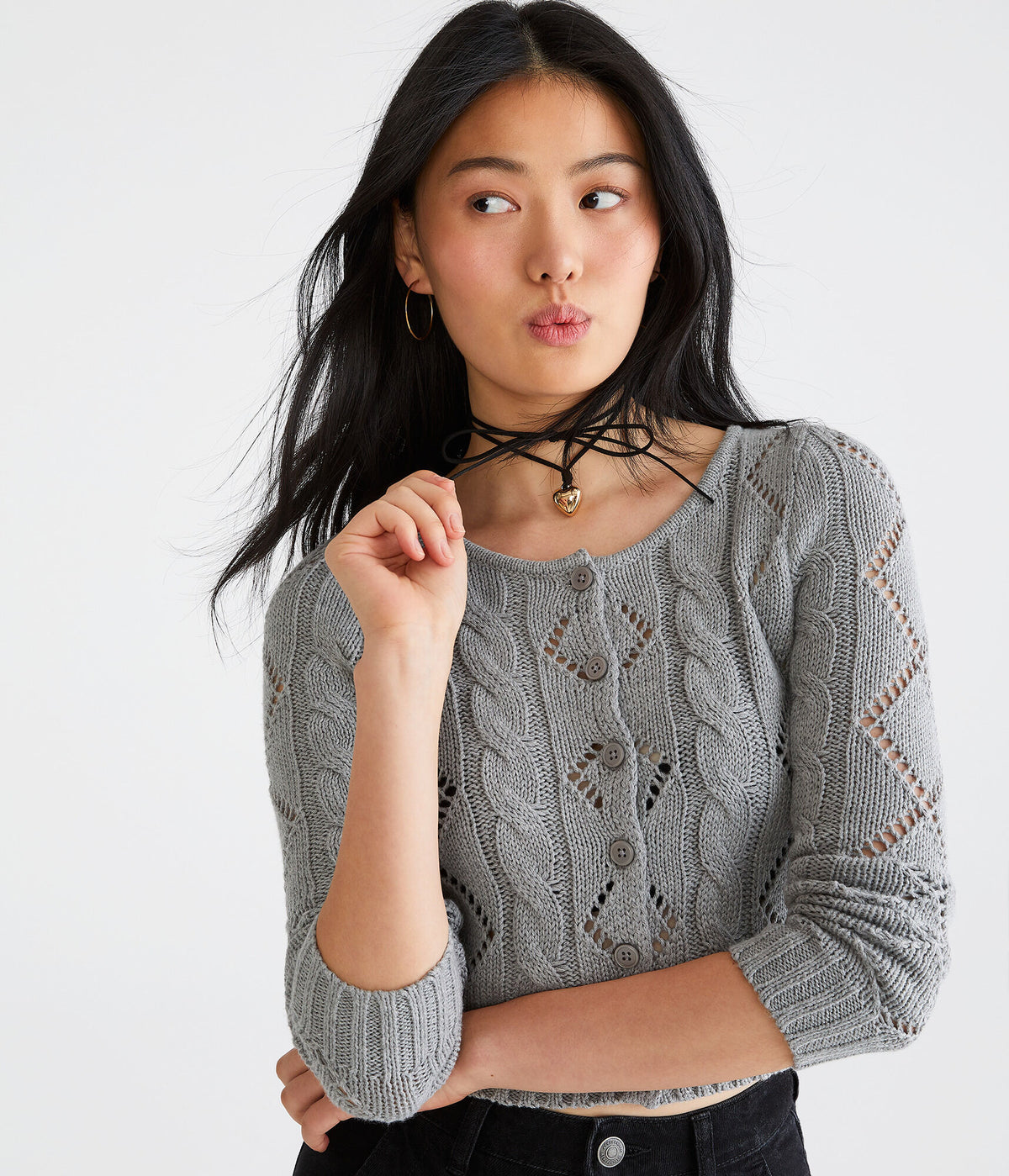 Aeropostale Womens' Long Sleeve Cropped Pointelle Cardigan - Grey - Size XS - Cotton - Teen Fashion & Clothing Med Hthr Grey