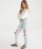 Aeropostale Womens' High-Rise Mom Jean - Blue - Size 12 R - Cotton - Teen Fashion & Clothing Light Wash