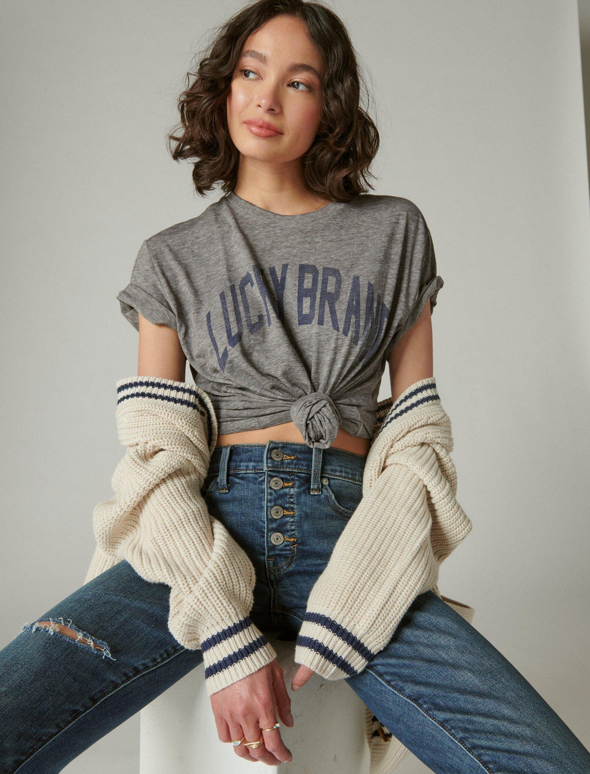 Lucky Brand 90's Arched Lucky Boyfriend Tee Heather Grey