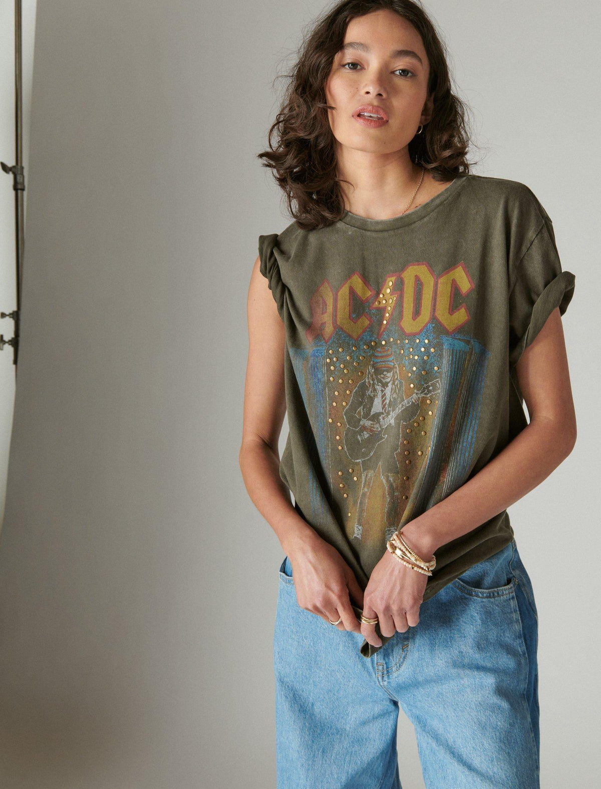 Lucky Brand Acdc Studs Boyfriend Tee - Women's Clothing Tops Shirts Tee Graphic T Shirts Black Olive