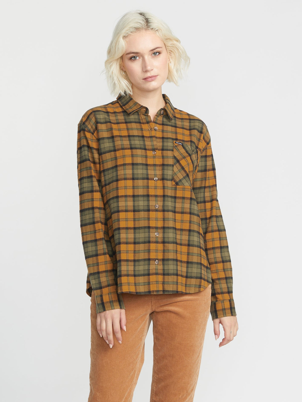 Volcom Plaid To Meet U Women's Long Sleeve Shirt Bronze