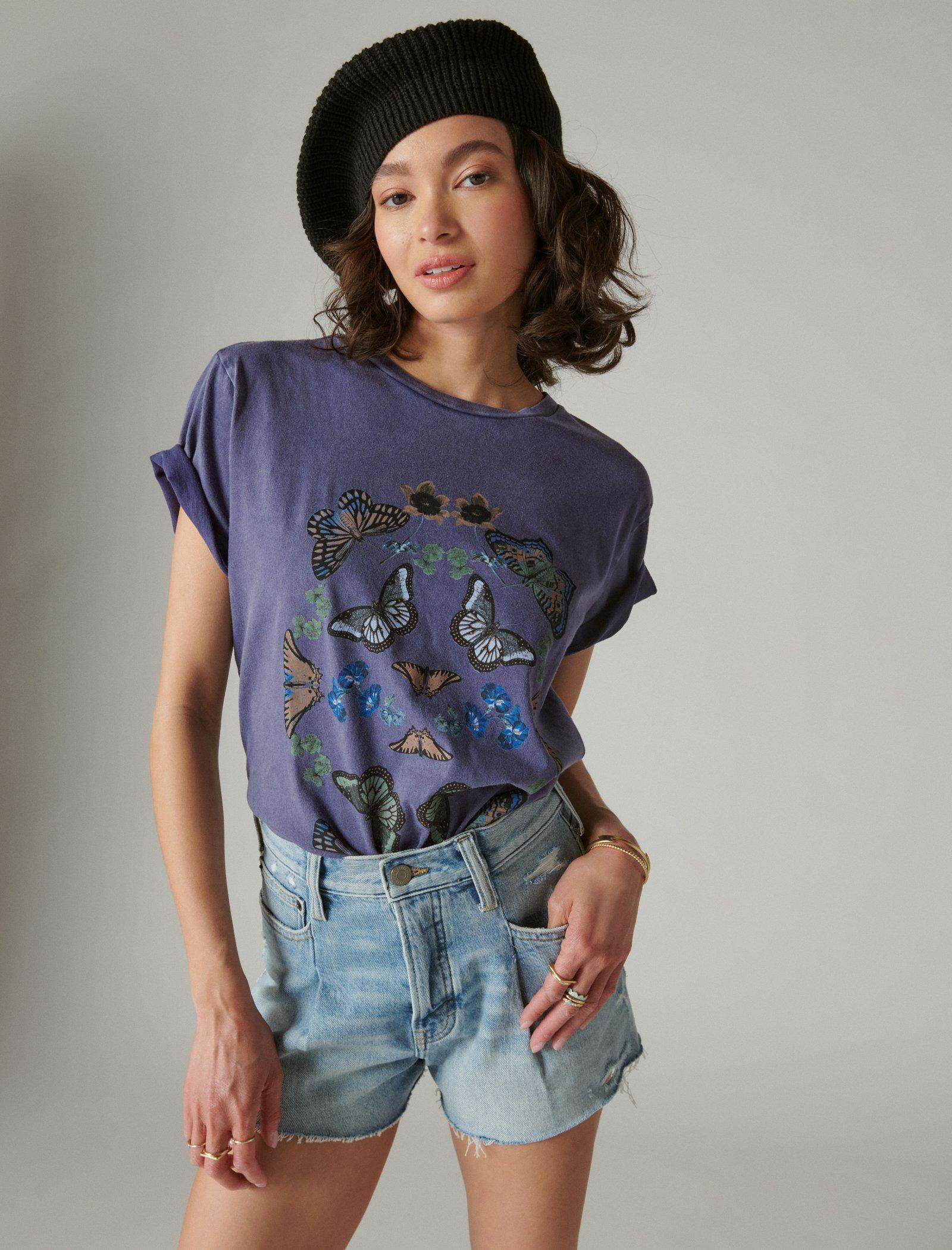 Lucky Brand Butterflies Boyfriend Tee - Women's Clothing Tops Shirts Tee Graphic T Shirts Blue Ribbon
