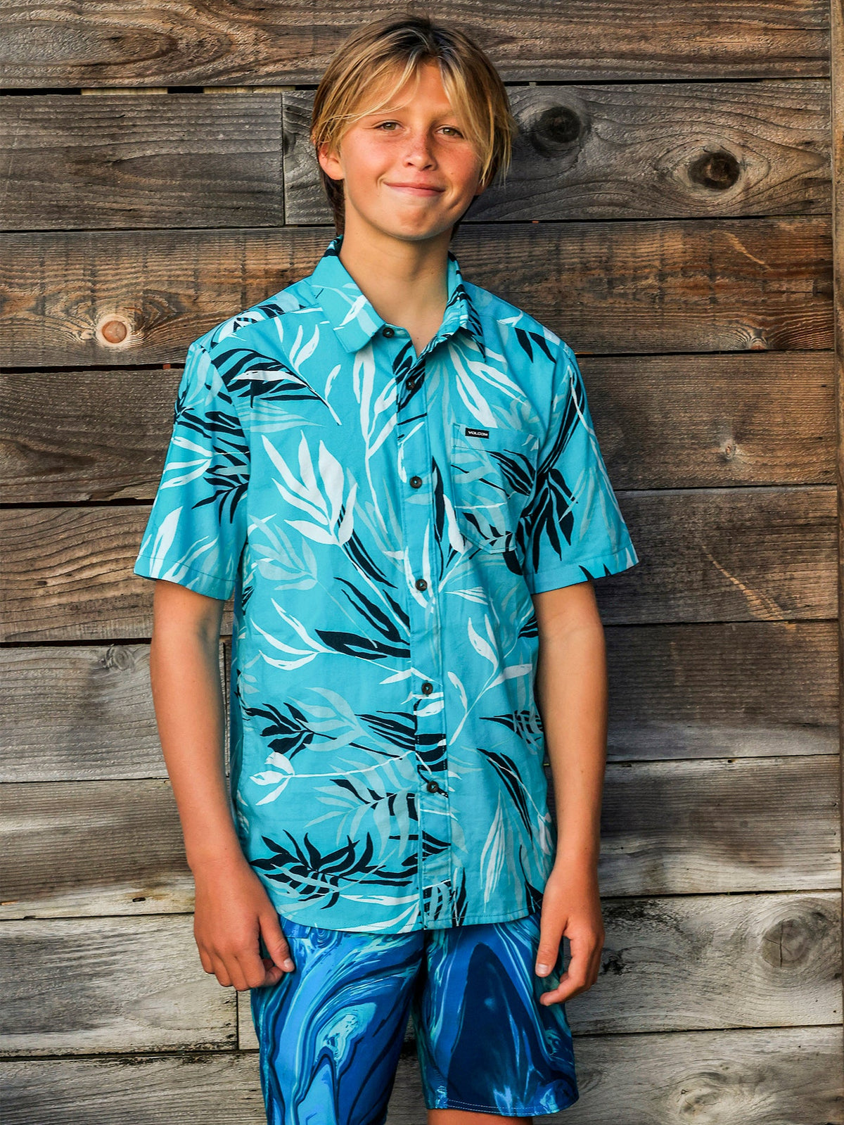 Volcom Bleeding Leaf Boys Short Sleeve Shirt (Age 8-14) Electric Blue