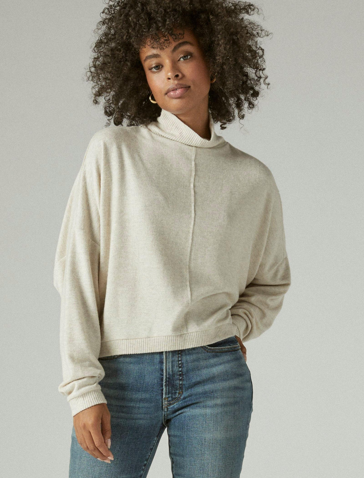 Lucky Brand Cloud Jersey Long Sleeve Mock Neck Oatmeal