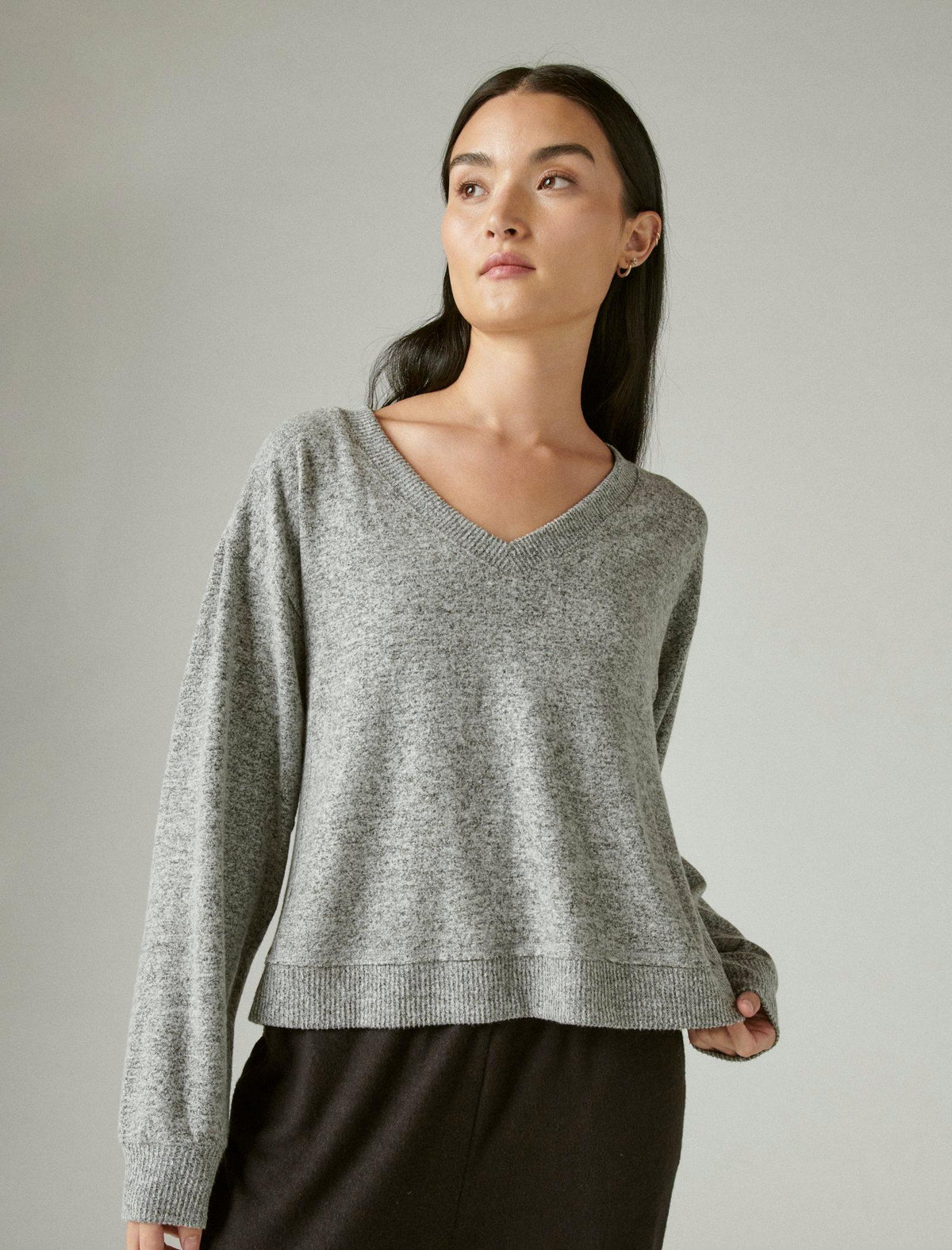 Lucky Brand Cloud Jersey Long Sleeve V Neck Top Heather Grey