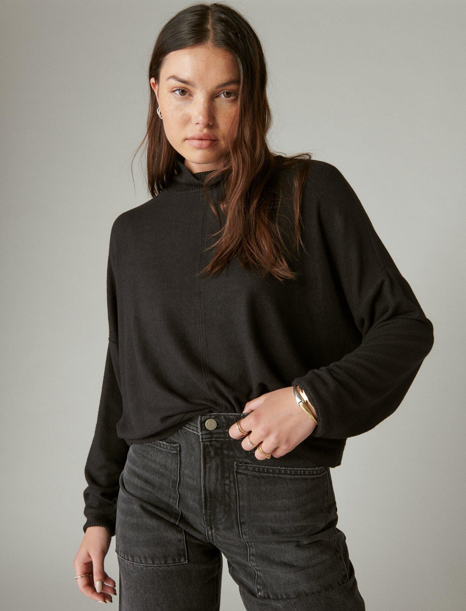 Lucky Brand Cloud Jersey Mock Neck Top Jet Black